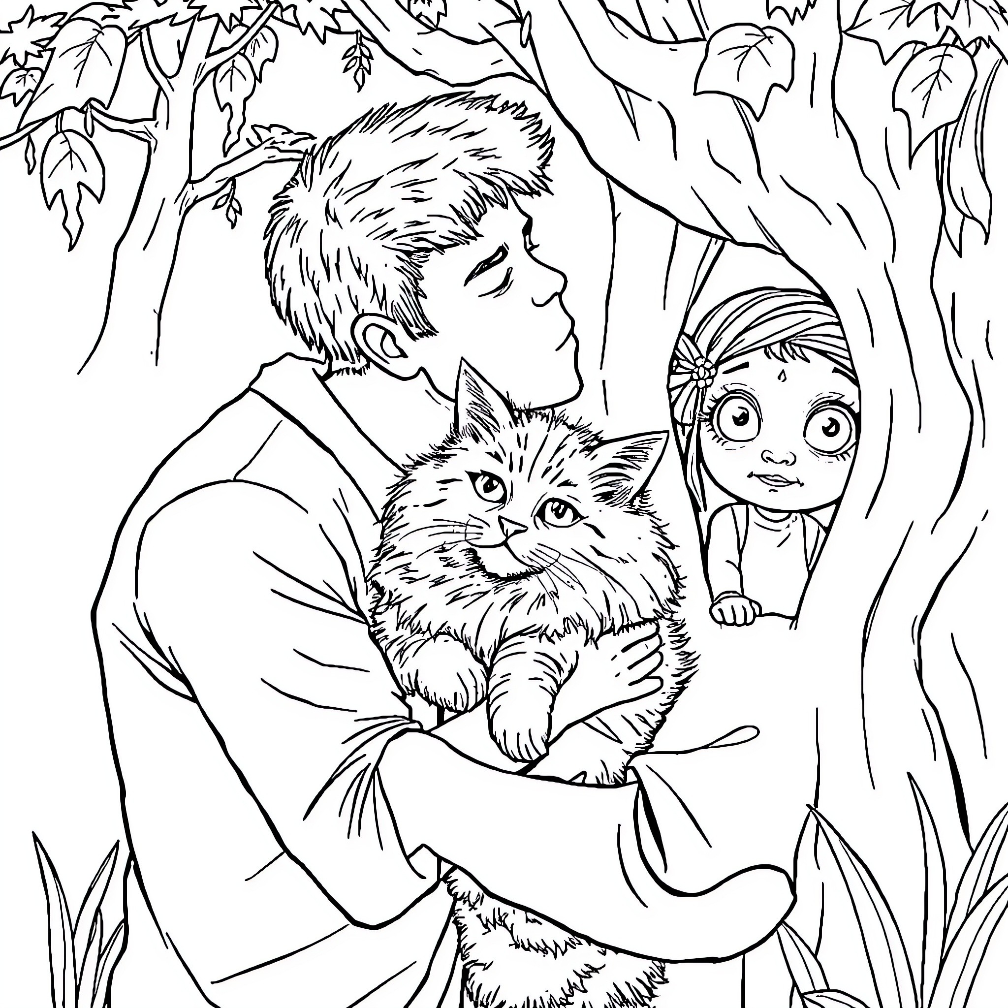 Man playing with curious cat in wooded setting Coloring Page (free black-and-white line drawing printable PDF for all, from beginners to advanced learners, including children, teens, adults, and seniors)