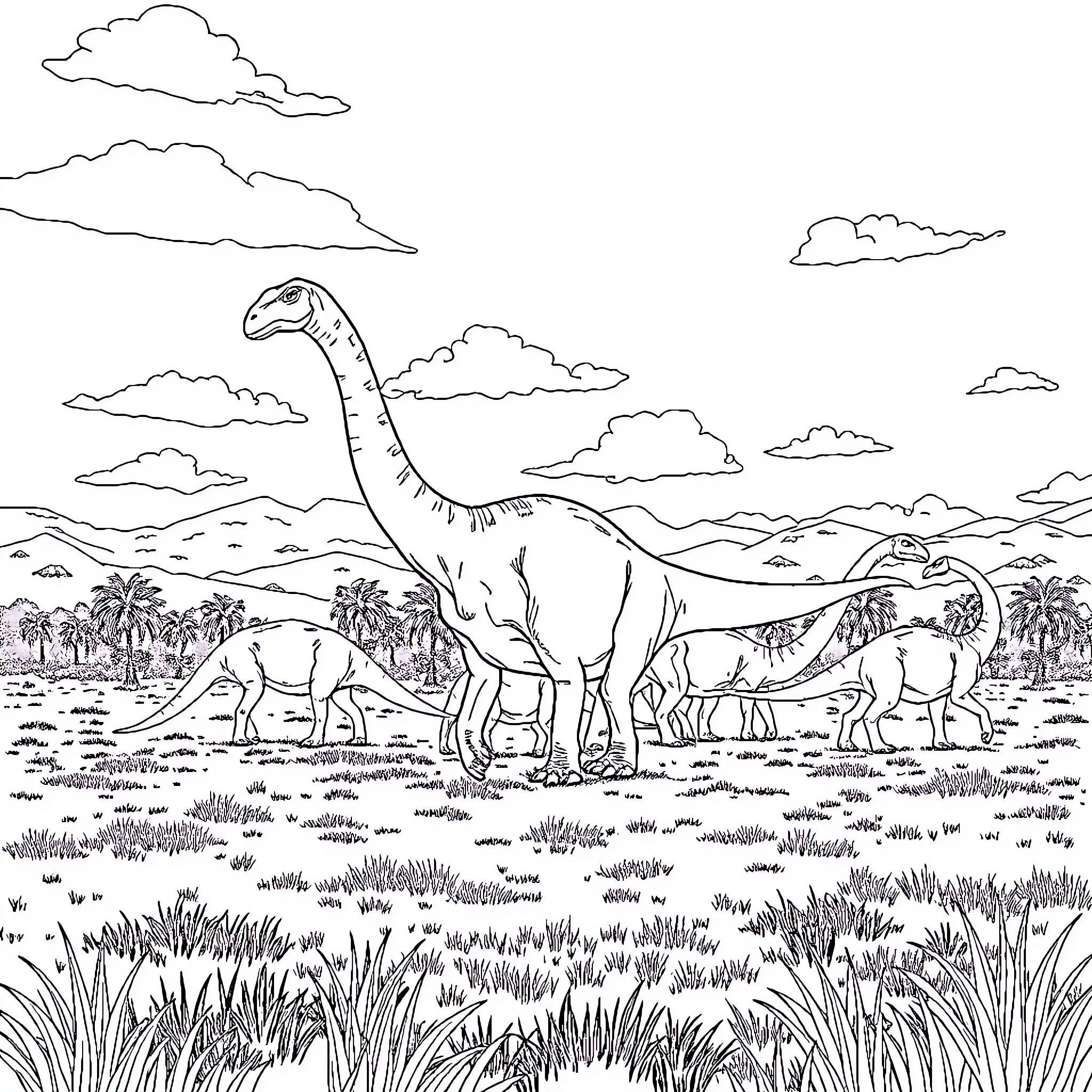 Brachiosaurus and other dinosaurs roaming in the prehistoric landscape Coloring Page (free black-and-white line drawing printable PDF for all, from beginners to advanced learners, including children, teens, adults, and seniors)