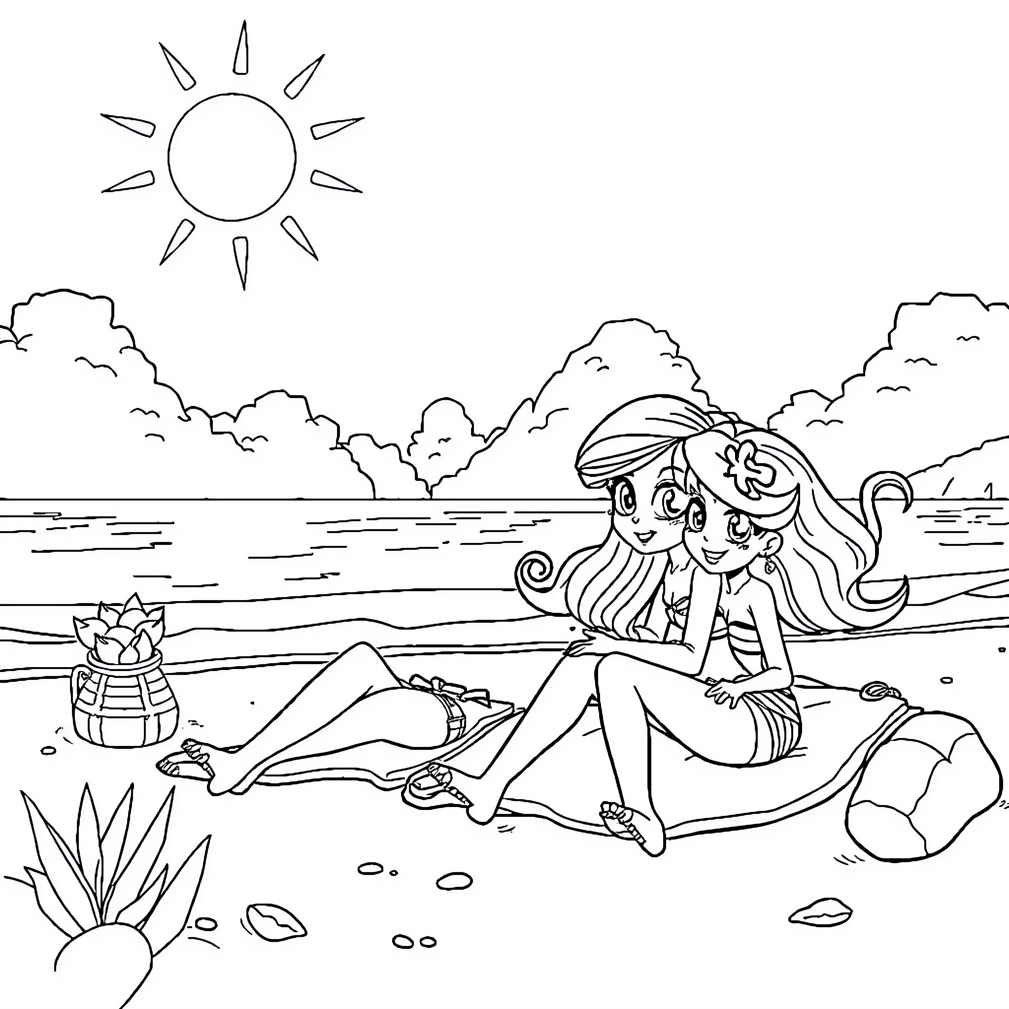 Miraculous Beachfront Adventure of Two Friends Coloring Page (free black-and-white line drawing printable PDF for all, from beginners to advanced learners, including children, teens, adults, and seniors)