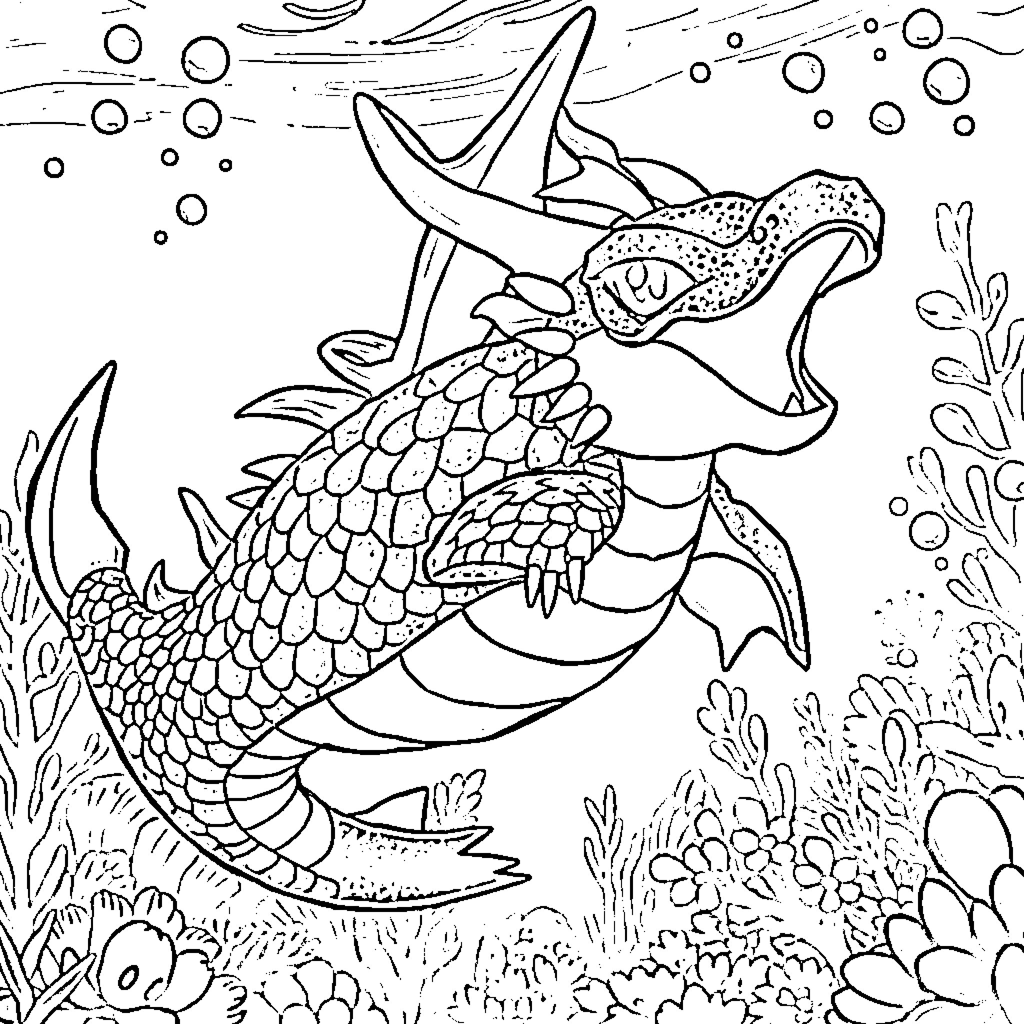 Gyarados swimming through the underwater scenery Coloring Page (free black-and-white line drawing printable PDF for all, from beginners to advanced learners, including children, teens, adults, and seniors)