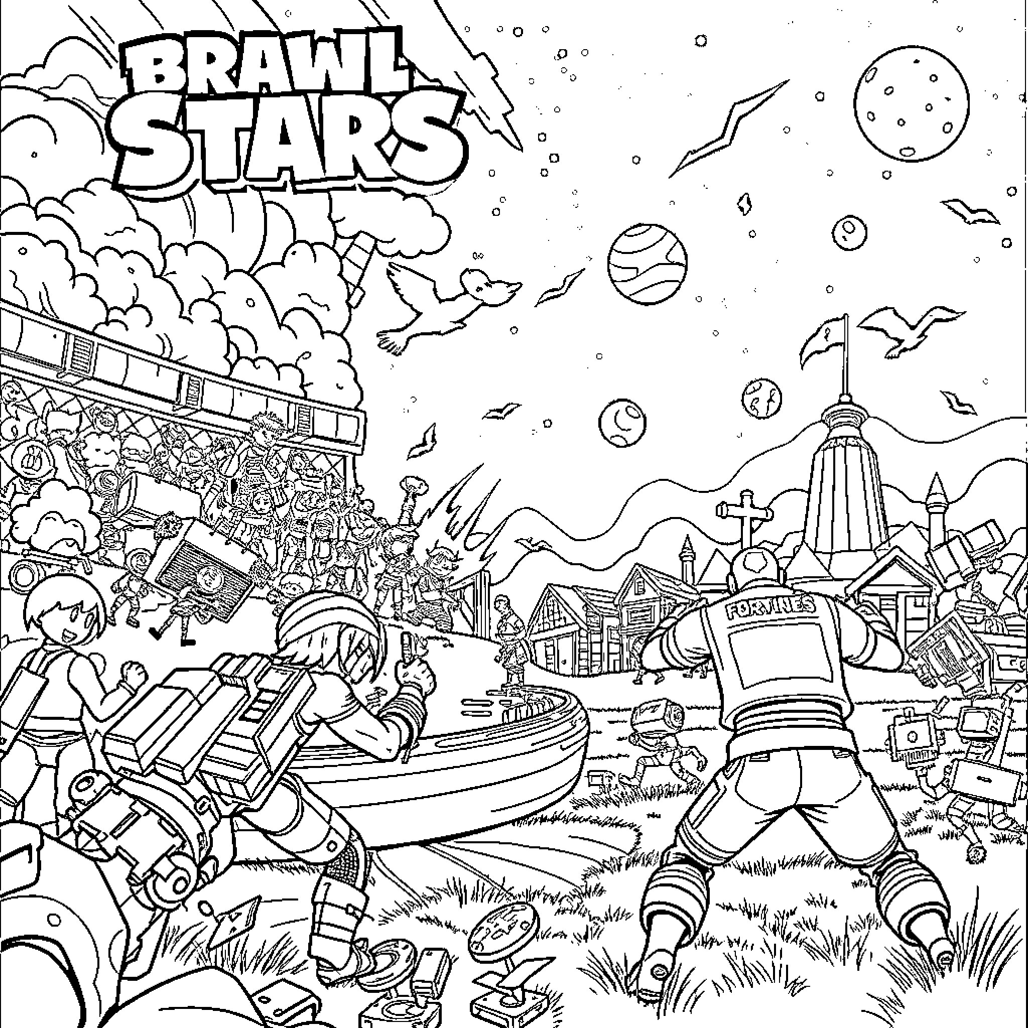 Brawl Stars: Action-Packed Battle Scene Coloring Page (free black-and-white line drawing printable PDF for all, from beginners to advanced learners, including children, teens, adults, and seniors)