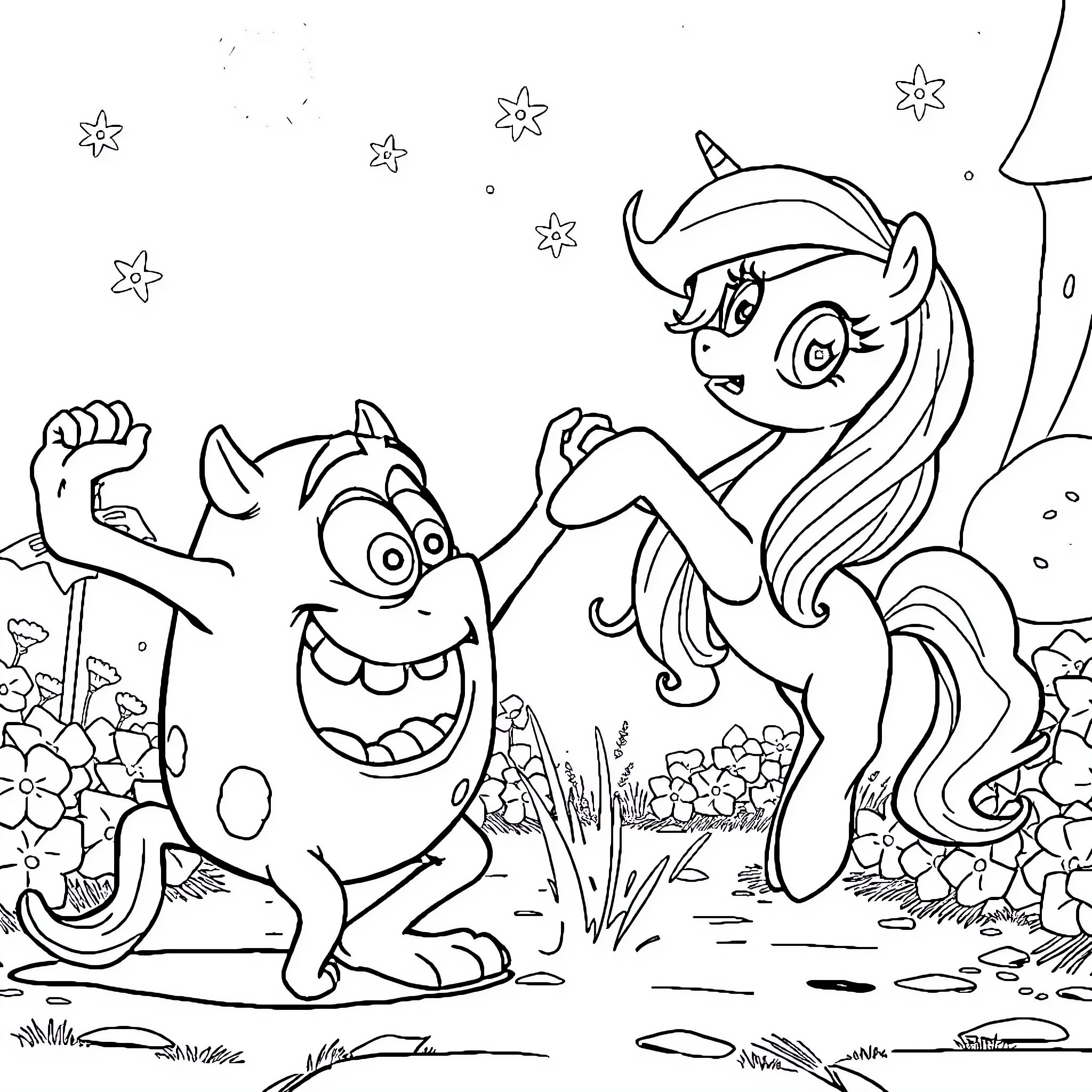 Mike Wazowski and his monster friend playing in the enchanted forest Coloring Page (free black-and-white line drawing printable PDF for all, from beginners to advanced learners, including children, teens, adults, and seniors)