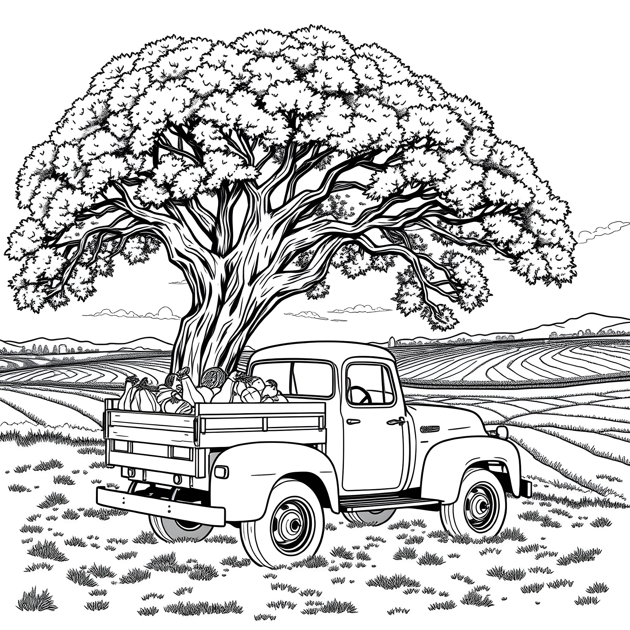 Truck carrying fruits under blooming tree Coloring Page (free black-and-white line drawing printable PDF for all, from beginners to advanced learners, including children, teens, adults, and seniors)