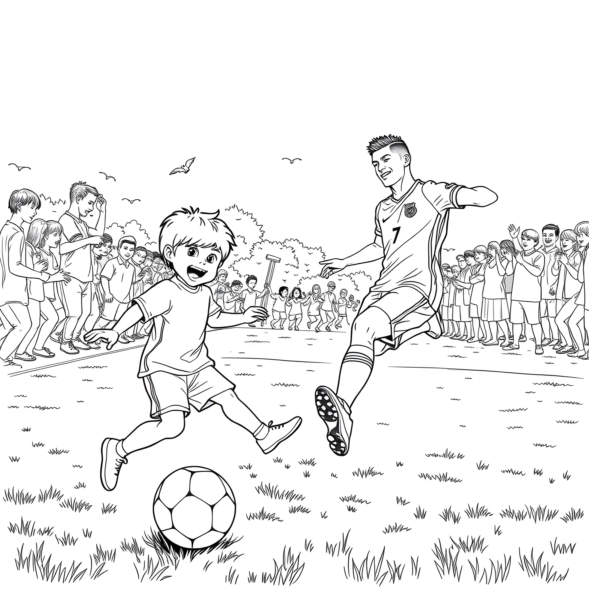 Child playing soccer with friends on field Coloring Page (free black-and-white line drawing printable PDF for all, from beginners to advanced learners, including children, teens, adults, and seniors)