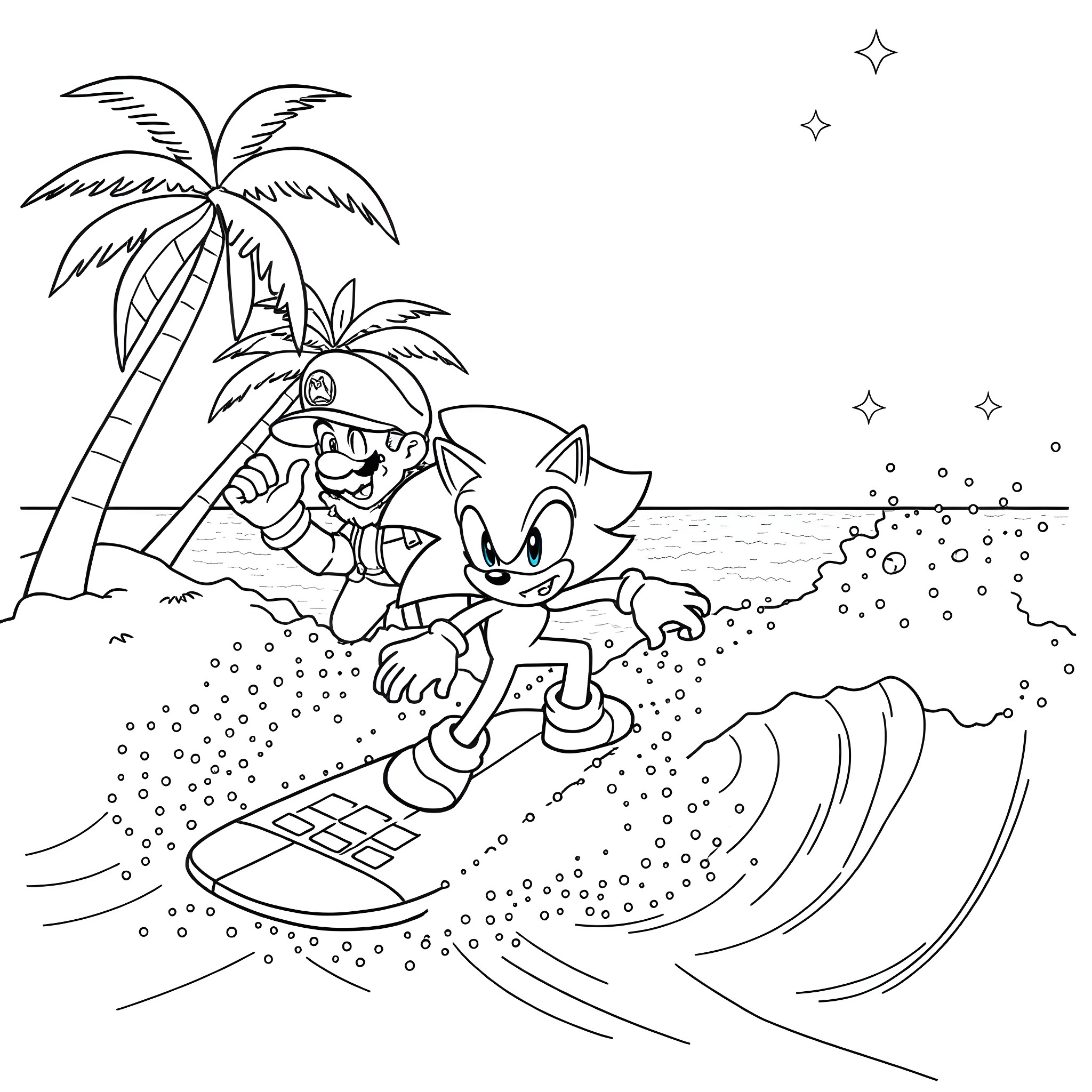 Sonic characters enjoying summer vacation at the beach Coloring Page (free black-and-white line drawing printable PDF for all, from beginners to advanced learners, including children, teens, adults, and seniors)