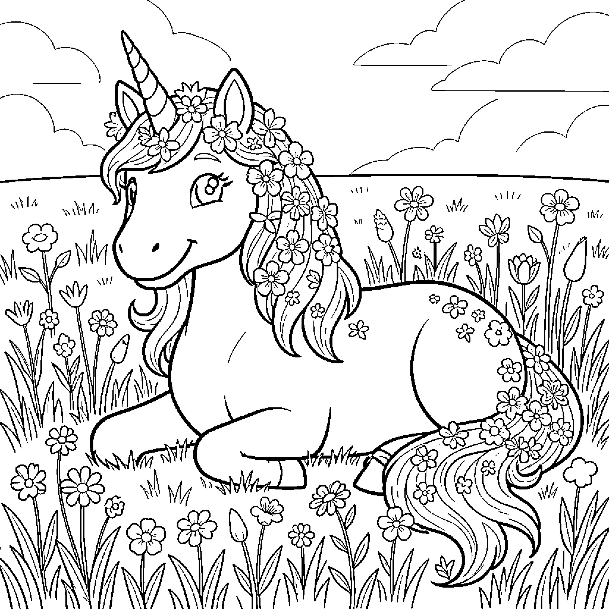 Unicorn resting peacefully in a field of flowers Coloring Page (free black-and-white line drawing printable PDF for all, from beginners to advanced learners, including children, teens, adults, and seniors)