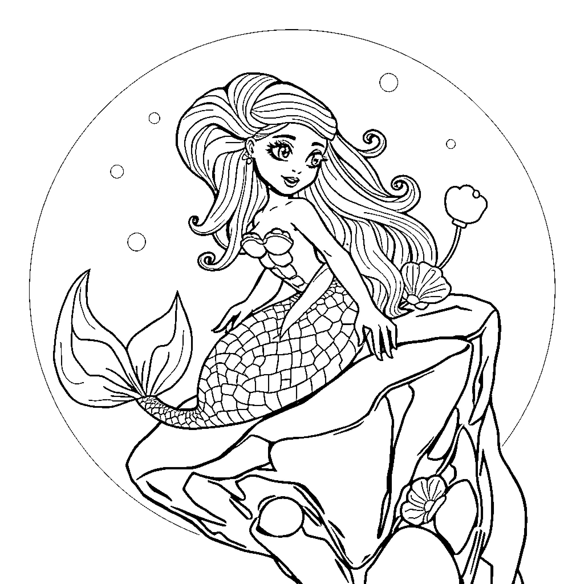 Sirenita relaxing on a rock with flowing hair Coloring Page (free black-and-white line drawing printable PDF for all, from beginners to advanced learners, including children, teens, adults, and seniors)