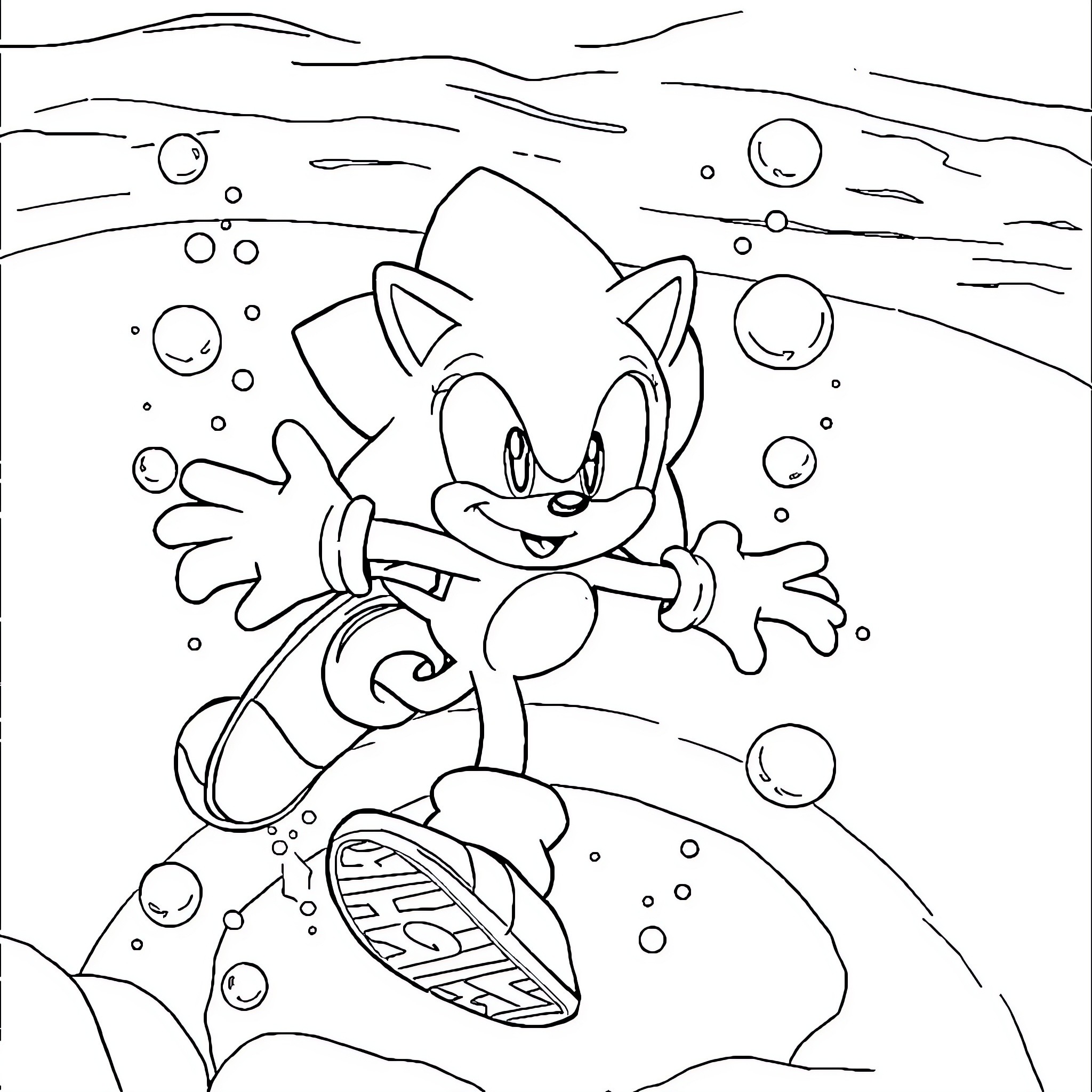 Sonic enjoying water and bubbles in the ocean Coloring Page (free black-and-white line drawing printable PDF for all, from beginners to advanced learners, including children, teens, adults, and seniors)