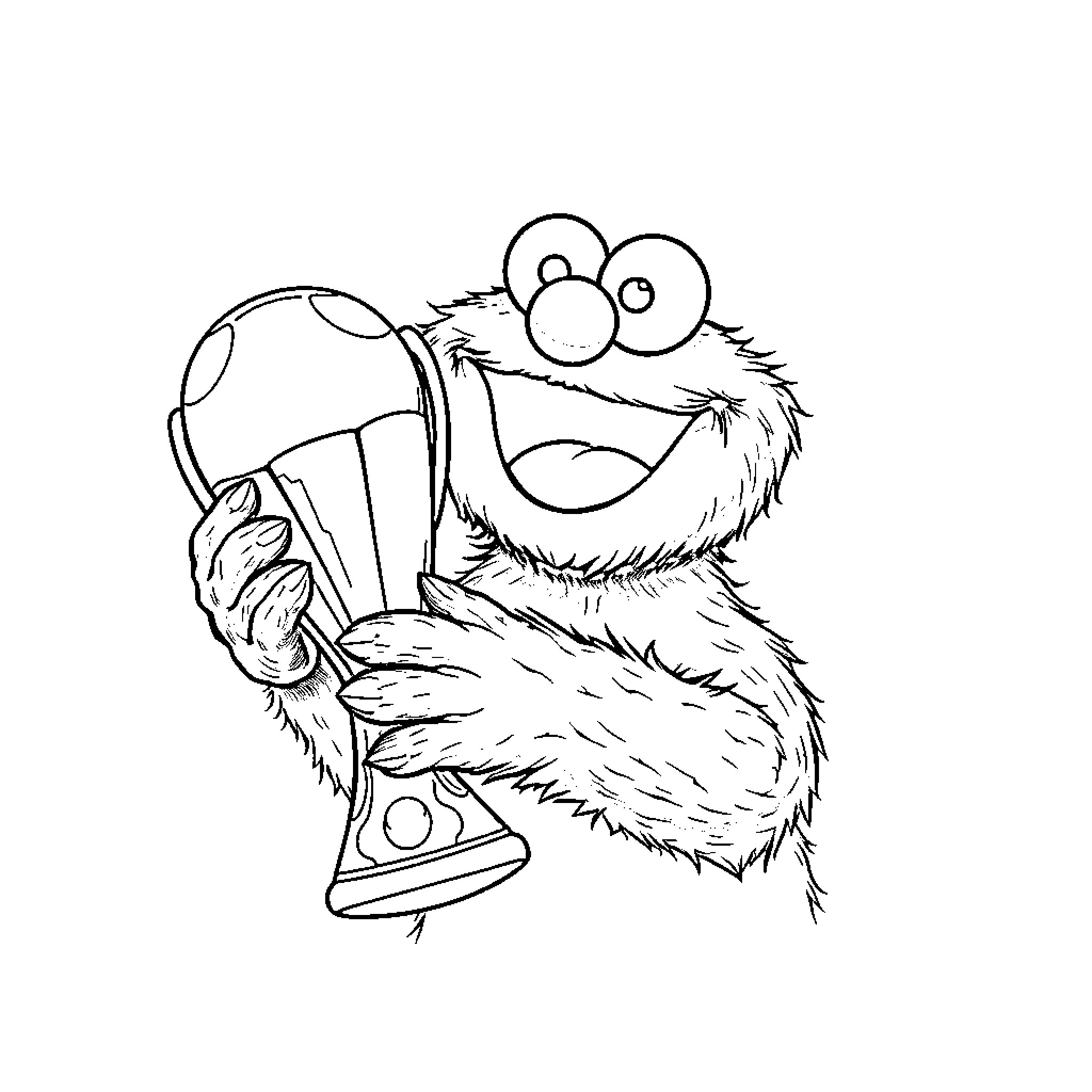 Cookie Monster playing with a magnifying glass Coloring Page (free black-and-white line drawing printable PDF for all, from beginners to advanced learners, including children, teens, adults, and seniors)