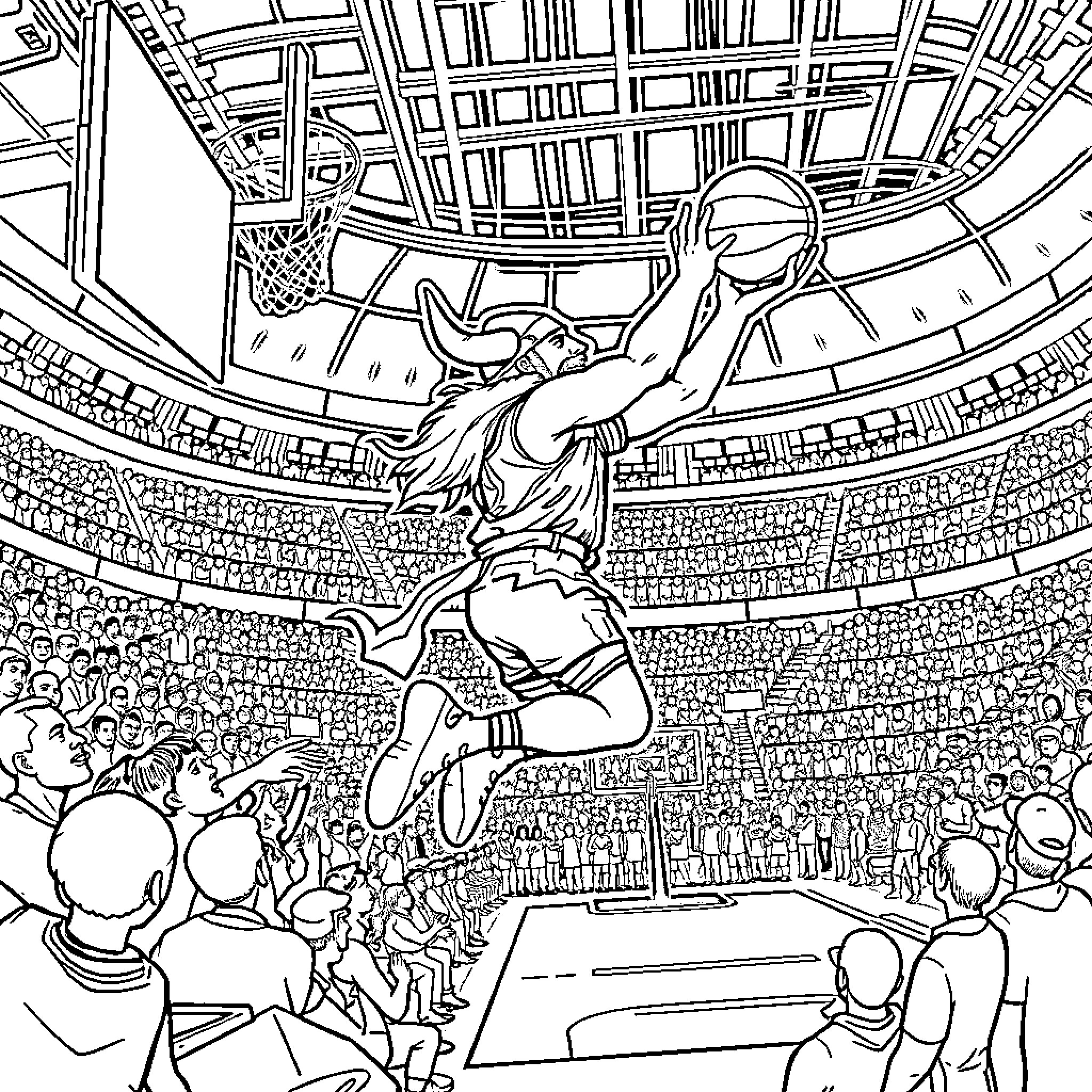 Viking Basketball Player Dunks in Packed Arena Coloring Page (free black-and-white line drawing printable PDF for all, from beginners to advanced learners, including children, teens, adults, and seniors)