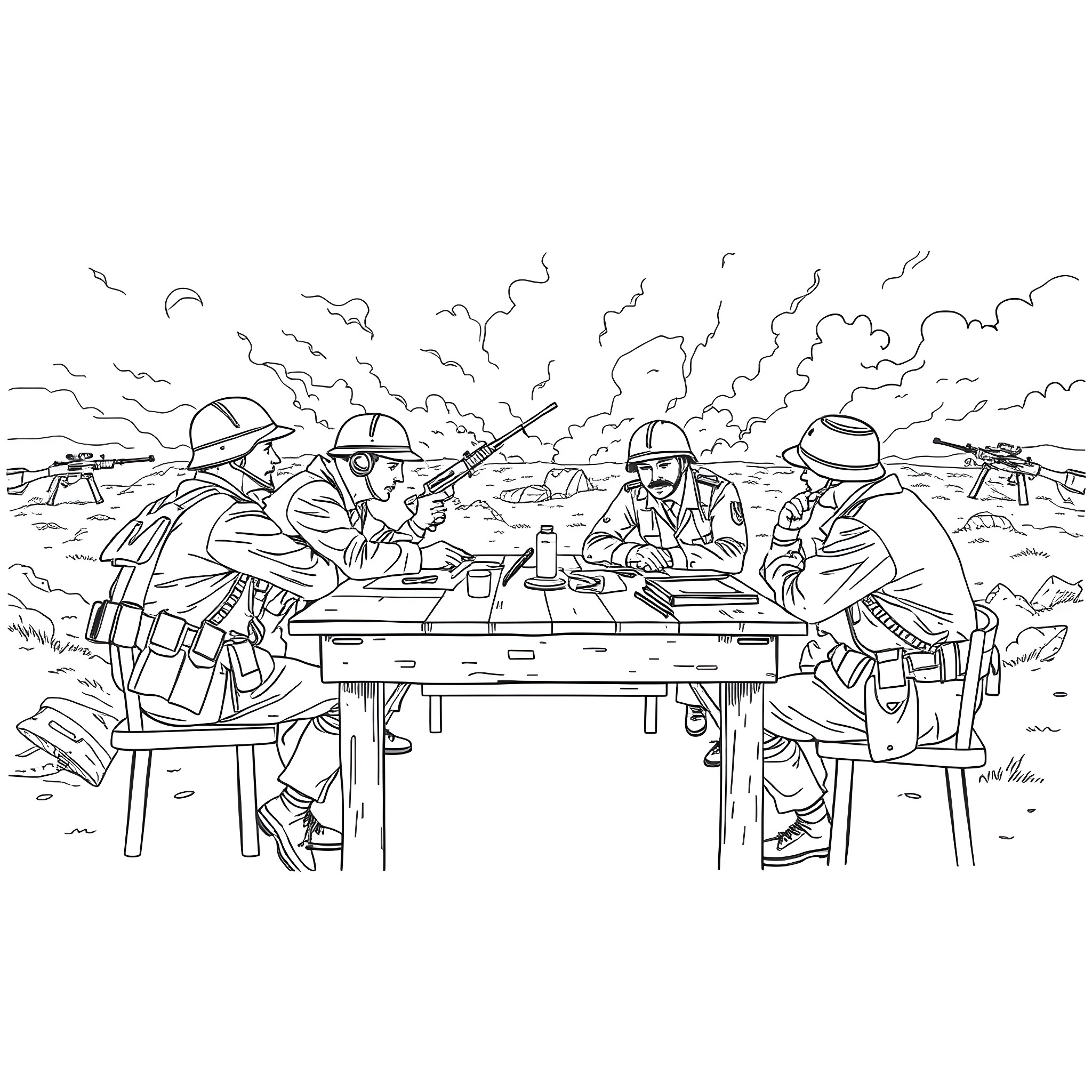 Inglorious Bastards: Wartime Camaraderie Among Soldiers Coloring Page (free black-and-white line drawing printable PDF for all, from beginners to advanced learners, including children, teens, adults, and seniors)