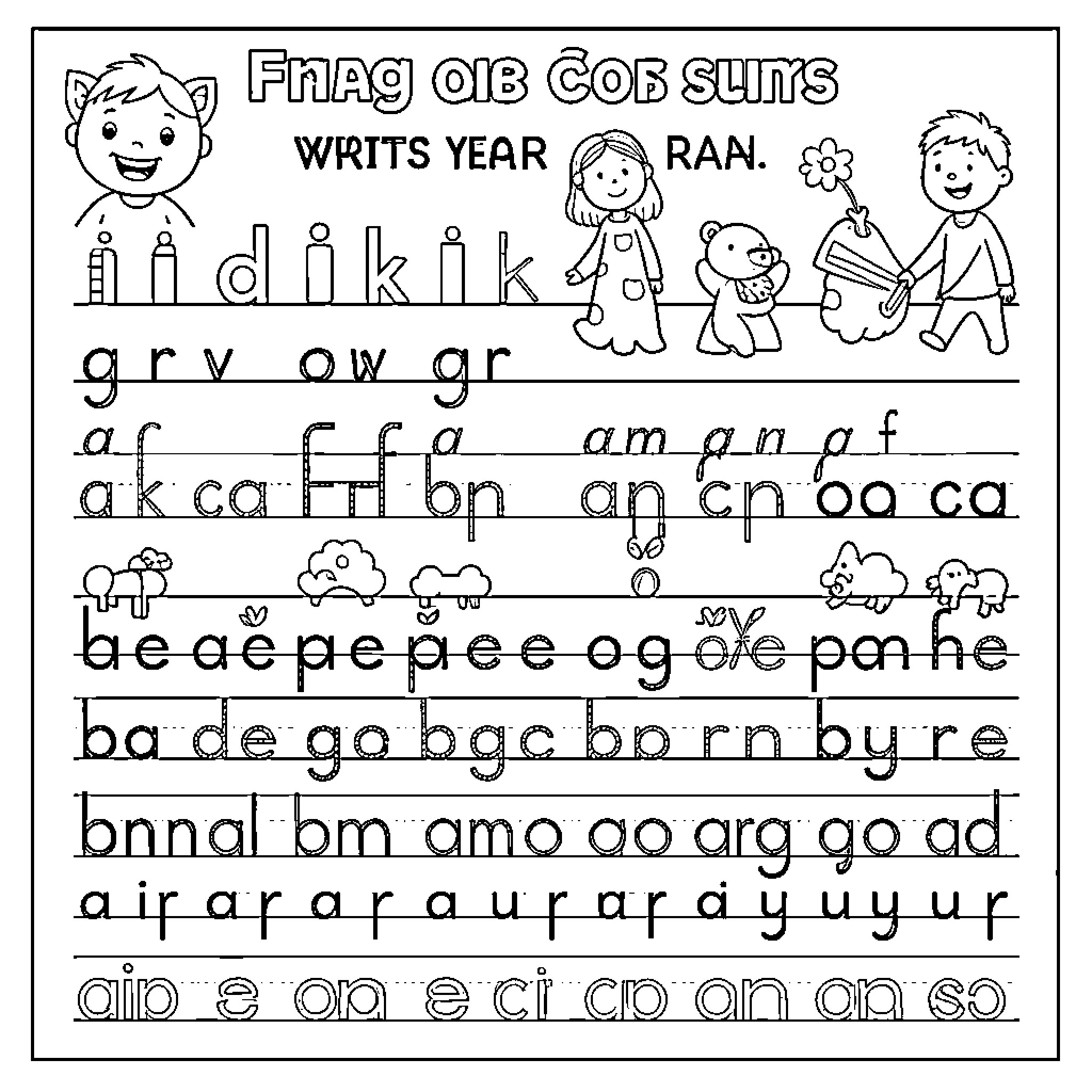 Writing practice with children and animals in a scene Coloring Page (free black-and-white line drawing printable PDF for all, from beginners to advanced learners, including children, teens, adults, and seniors)