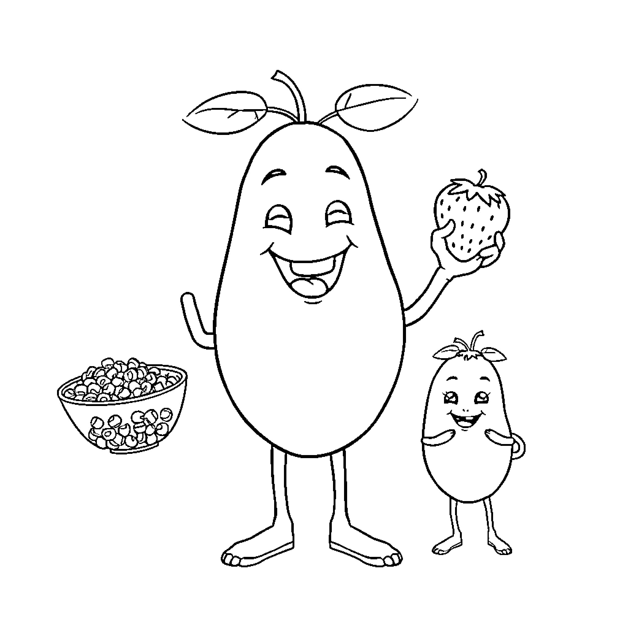 Mango character having fun with strawberry Coloring Page (free black-and-white line drawing printable PDF for all, from beginners to advanced learners, including children, teens, adults, and seniors)