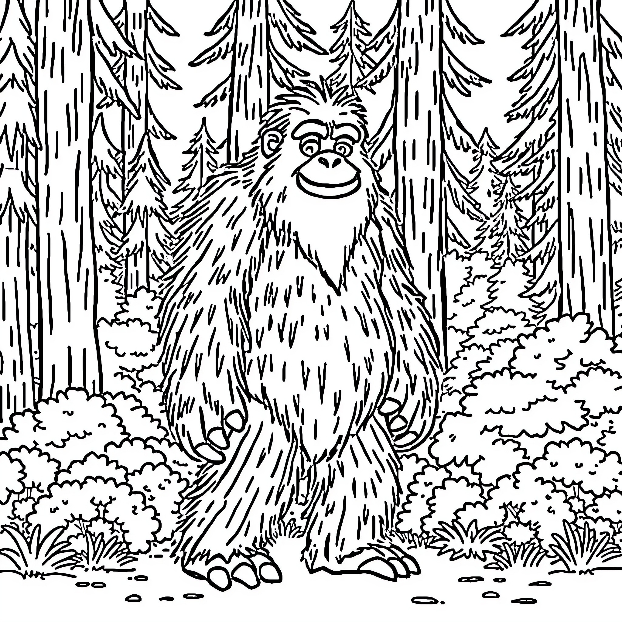 Sasquatch explores the forest with a happy expression Coloring Page (free black-and-white line drawing printable PDF for all, from beginners to advanced learners, including children, teens, adults, and seniors)