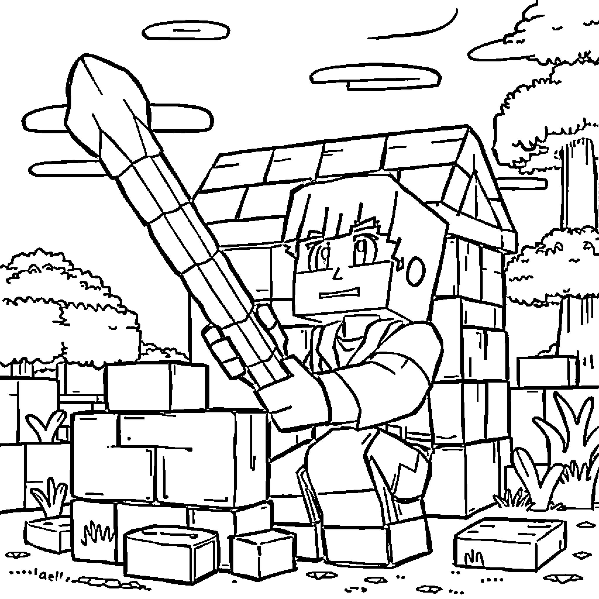 Minecraft Boy in a Rocket-Powered Adventure Coloring Page (free black-and-white line drawing printable PDF for all, from beginners to advanced learners, including children, teens, adults, and seniors)