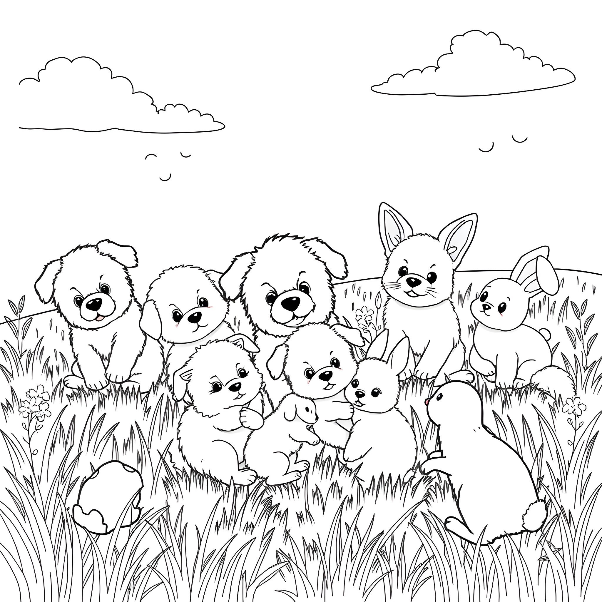 Animal puppies and chihuahua in the grassland Coloring Page (free black-and-white line drawing printable PDF for all, from beginners to advanced learners, including children, teens, adults, and seniors)