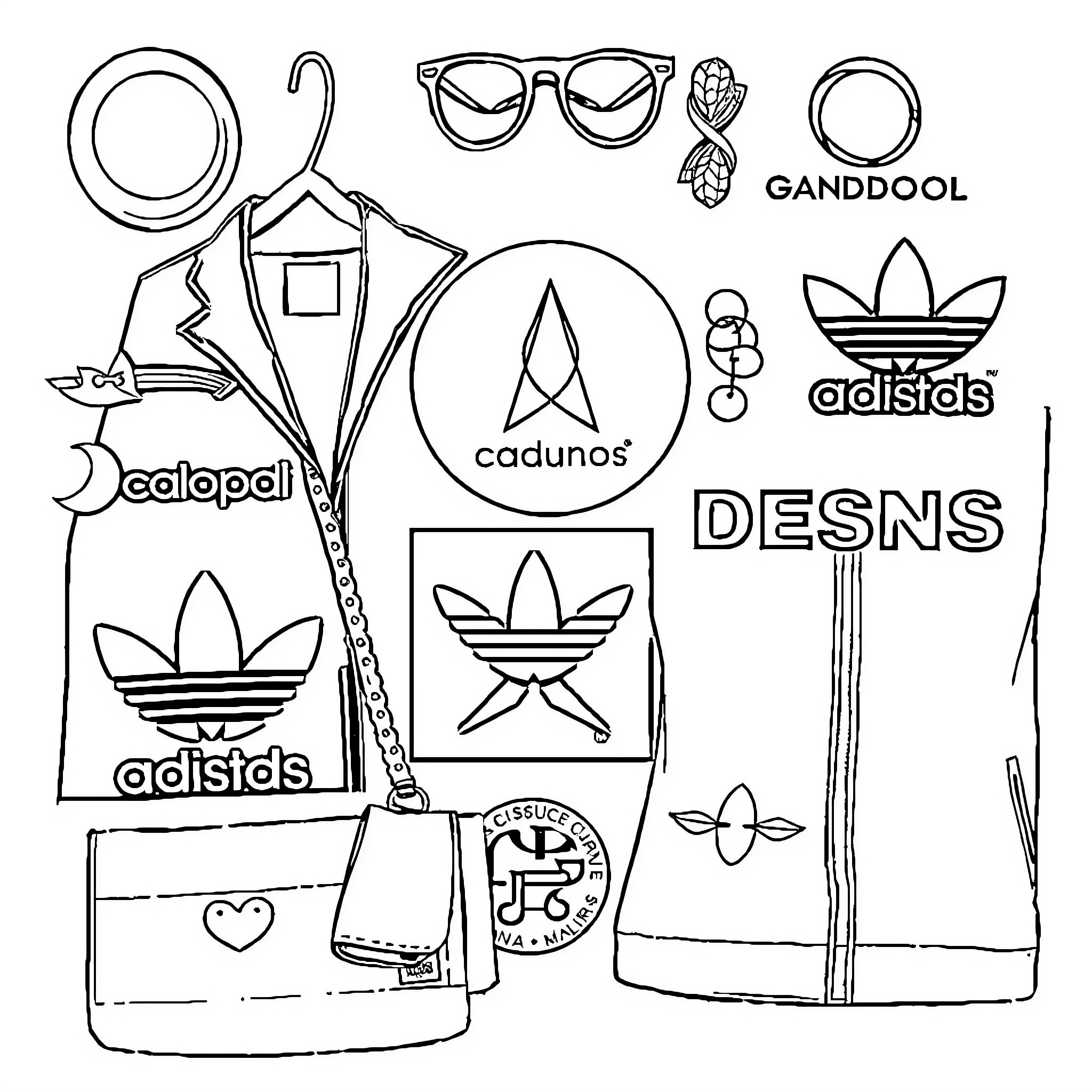 Logo containing various fashion and lifestyle brand icons Coloring Page (free black-and-white line drawing printable PDF for all, from beginners to advanced learners, including children, teens, adults, and seniors)