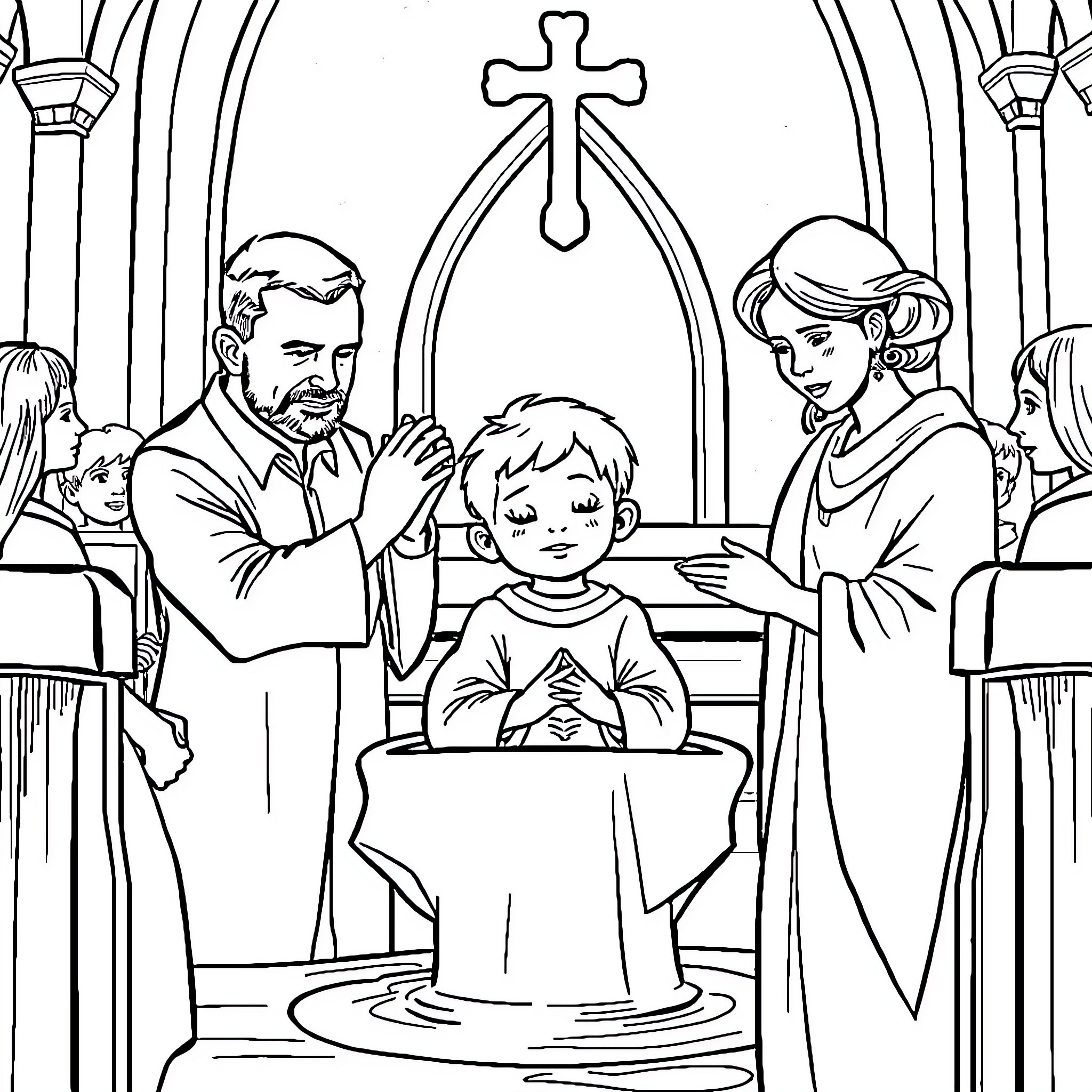 Boy receiving religious blessing in church Coloring Page (free black-and-white line drawing printable PDF for all, from beginners to advanced learners, including children, teens, adults, and seniors)
