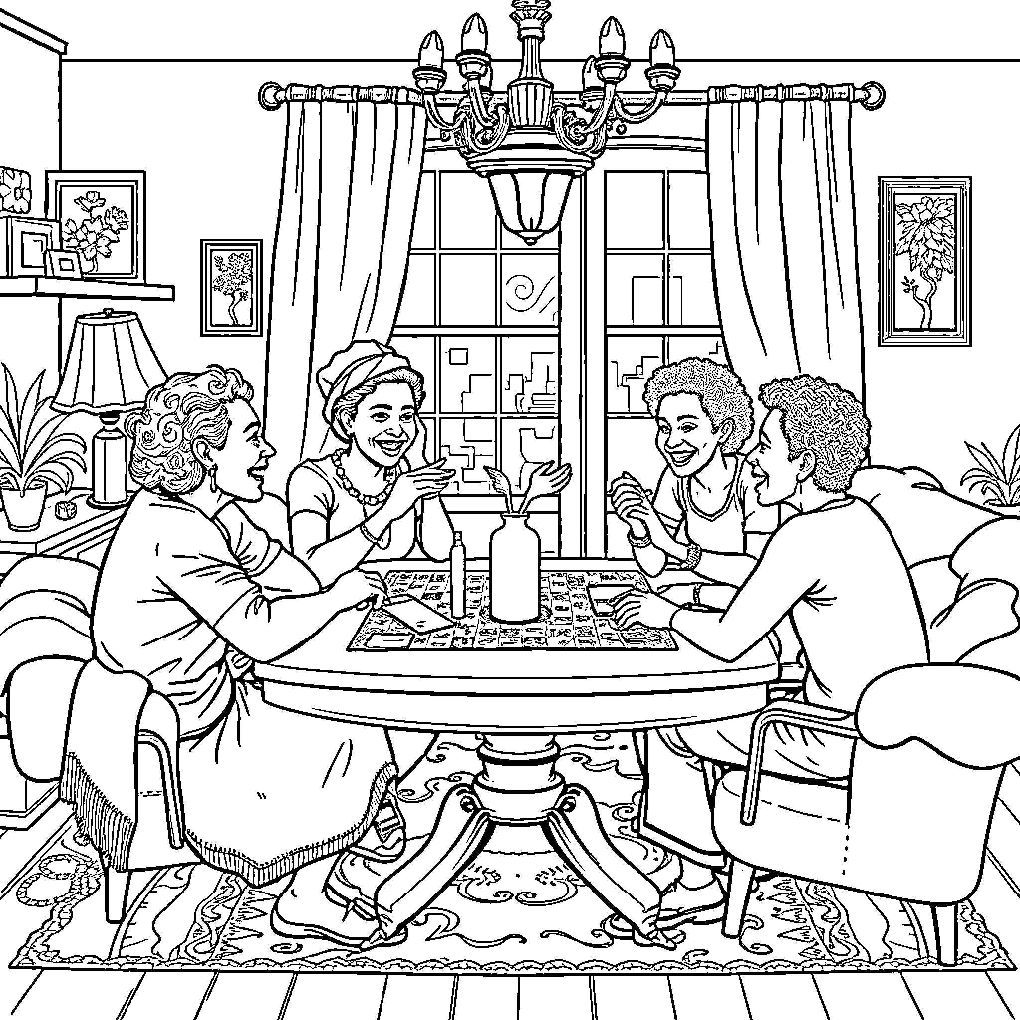 Family Gathering with Laughter and Conversation Coloring Page (free black-and-white line drawing printable PDF for all, from beginners to advanced learners, including children, teens, adults, and seniors)