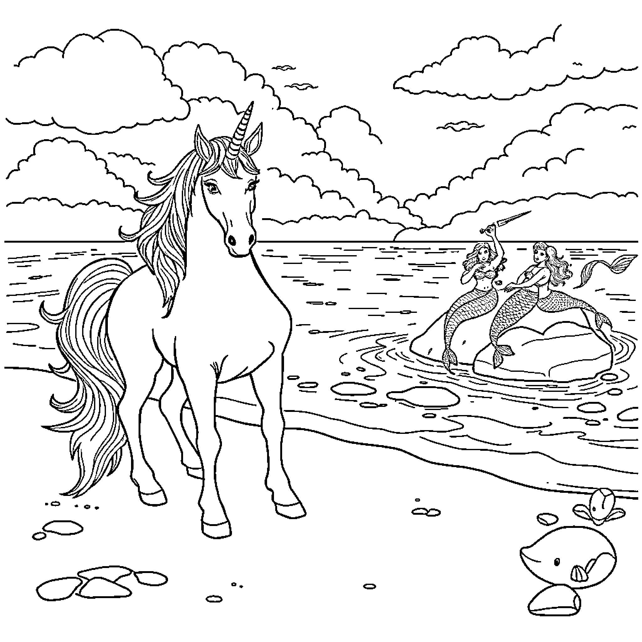 Unicorn by the Magical Lake Coloring Page (free black-and-white line drawing printable PDF for all, from beginners to advanced learners, including children, teens, adults, and seniors)