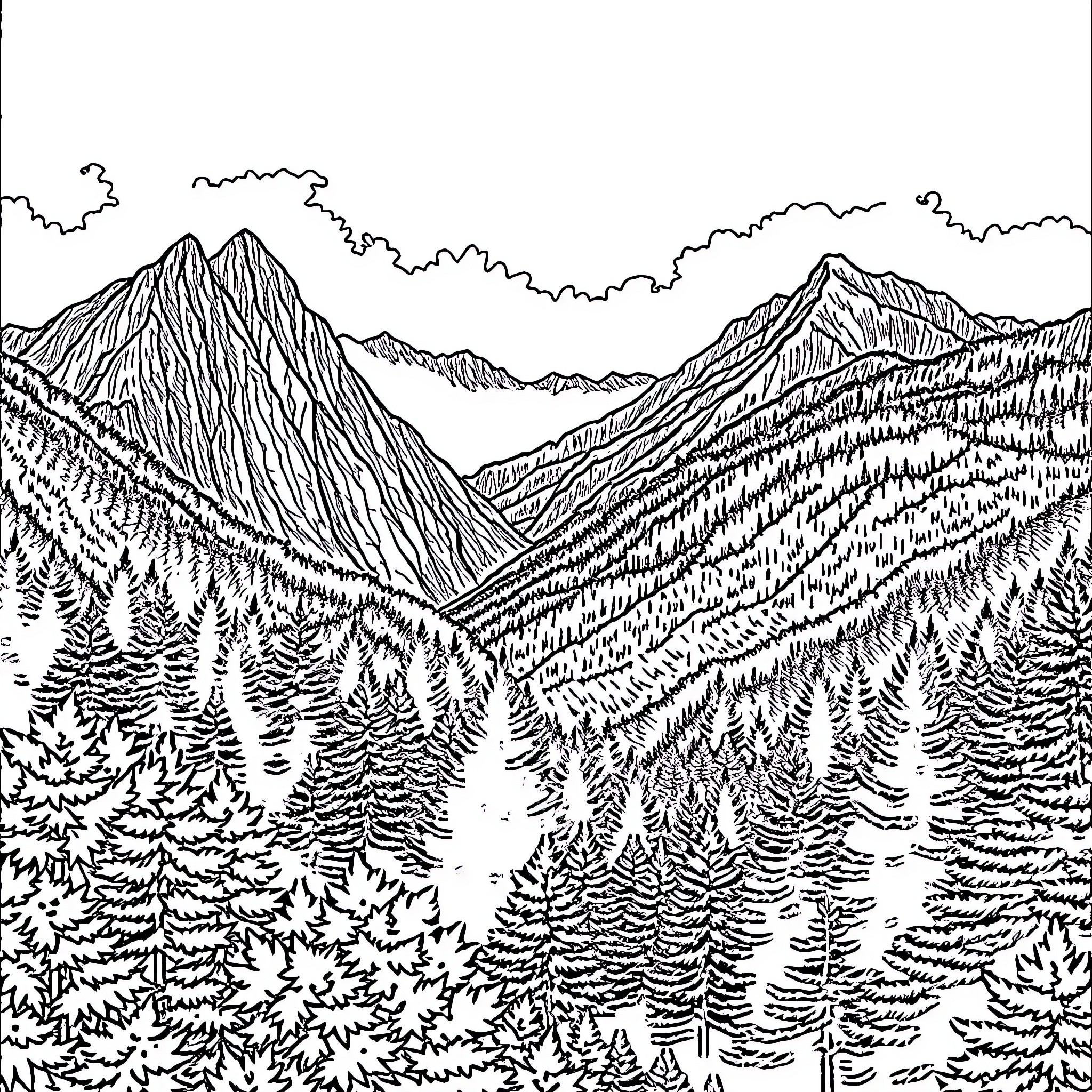 Mountain Landscape with Scenic Valleys and Peaks Coloring Page (free black-and-white line drawing printable PDF for all, from beginners to advanced learners, including children, teens, adults, and seniors)