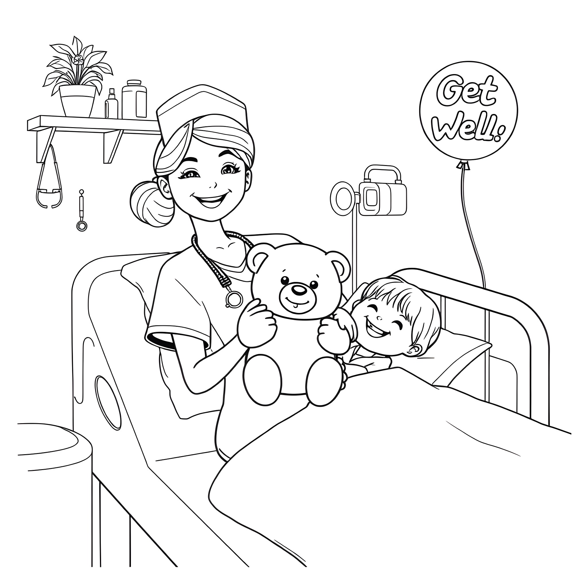 Nurse caring for patient and comforting with a stuffed animal Coloring Page (free black-and-white line drawing printable PDF for all, from beginners to advanced learners, including children, teens, adults, and seniors)
