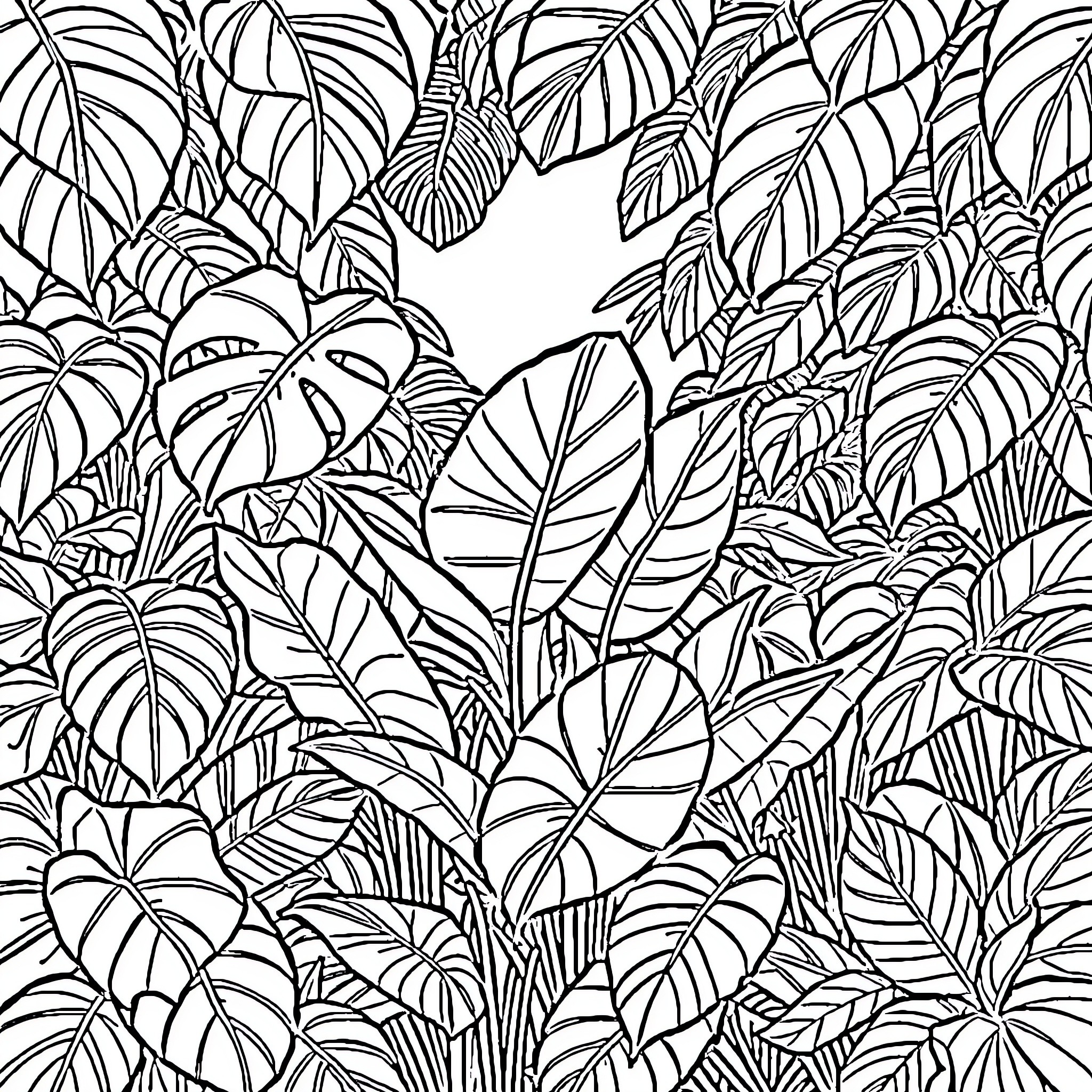 Monstera leaves in the tropical jungle Coloring Page (free black-and-white line drawing printable PDF for all, from beginners to advanced learners, including children, teens, adults, and seniors)