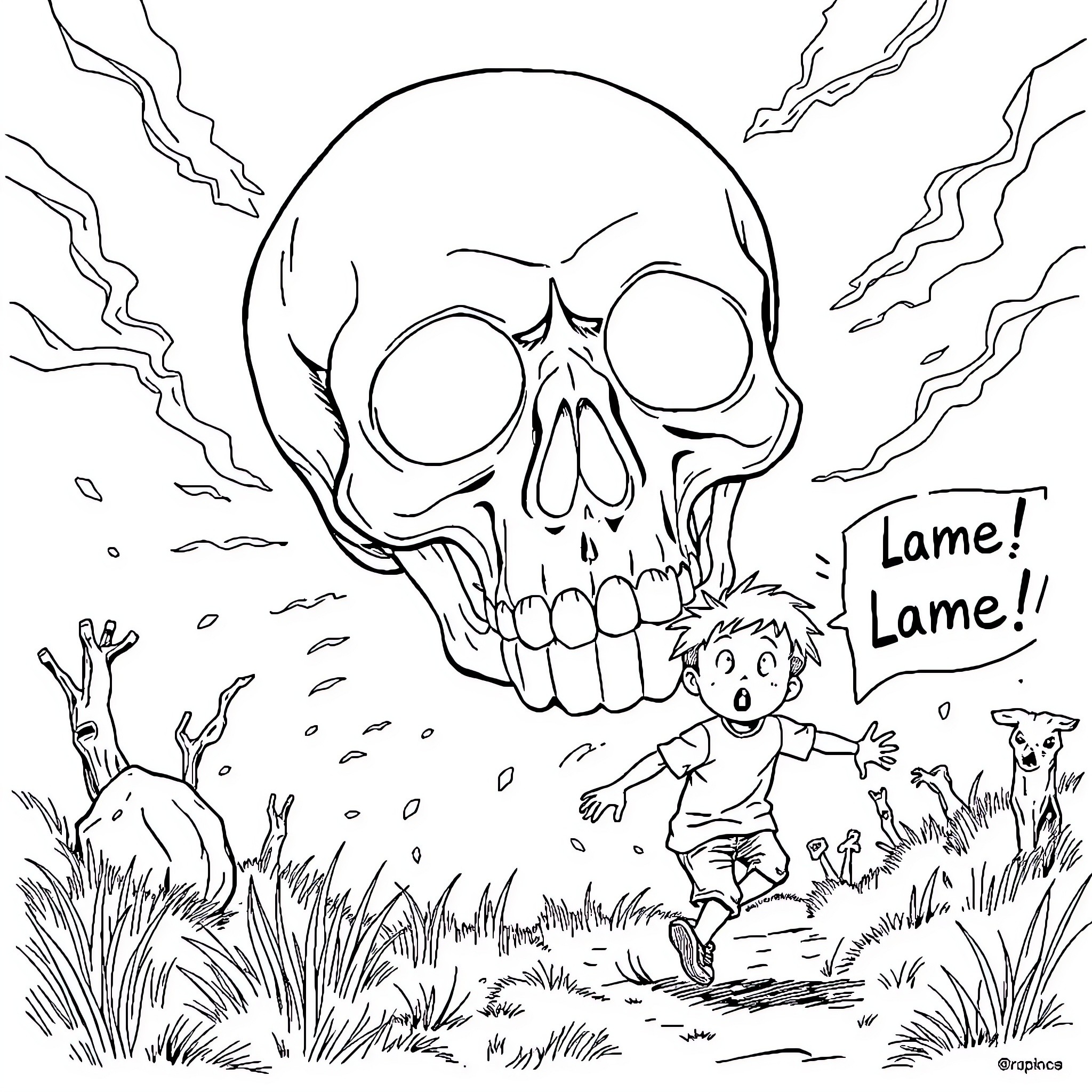 Skull Screams Terror at Running Child Coloring Page (free black-and-white line drawing printable PDF for all, from beginners to advanced learners, including children, teens, adults, and seniors)