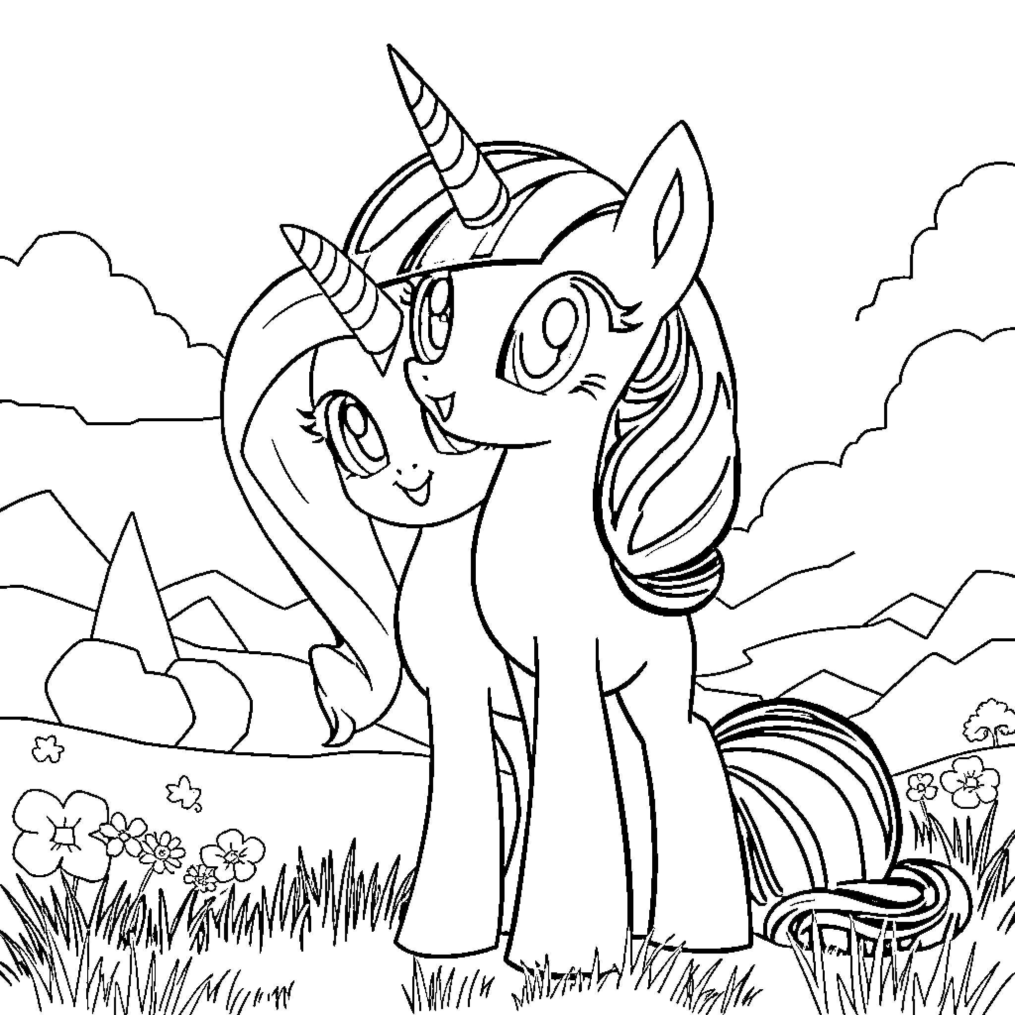 Twilight Unicorn's Enchanted Meadow Adventure Coloring Page (free black-and-white line drawing printable PDF for all, from beginners to advanced learners, including children, teens, adults, and seniors)
