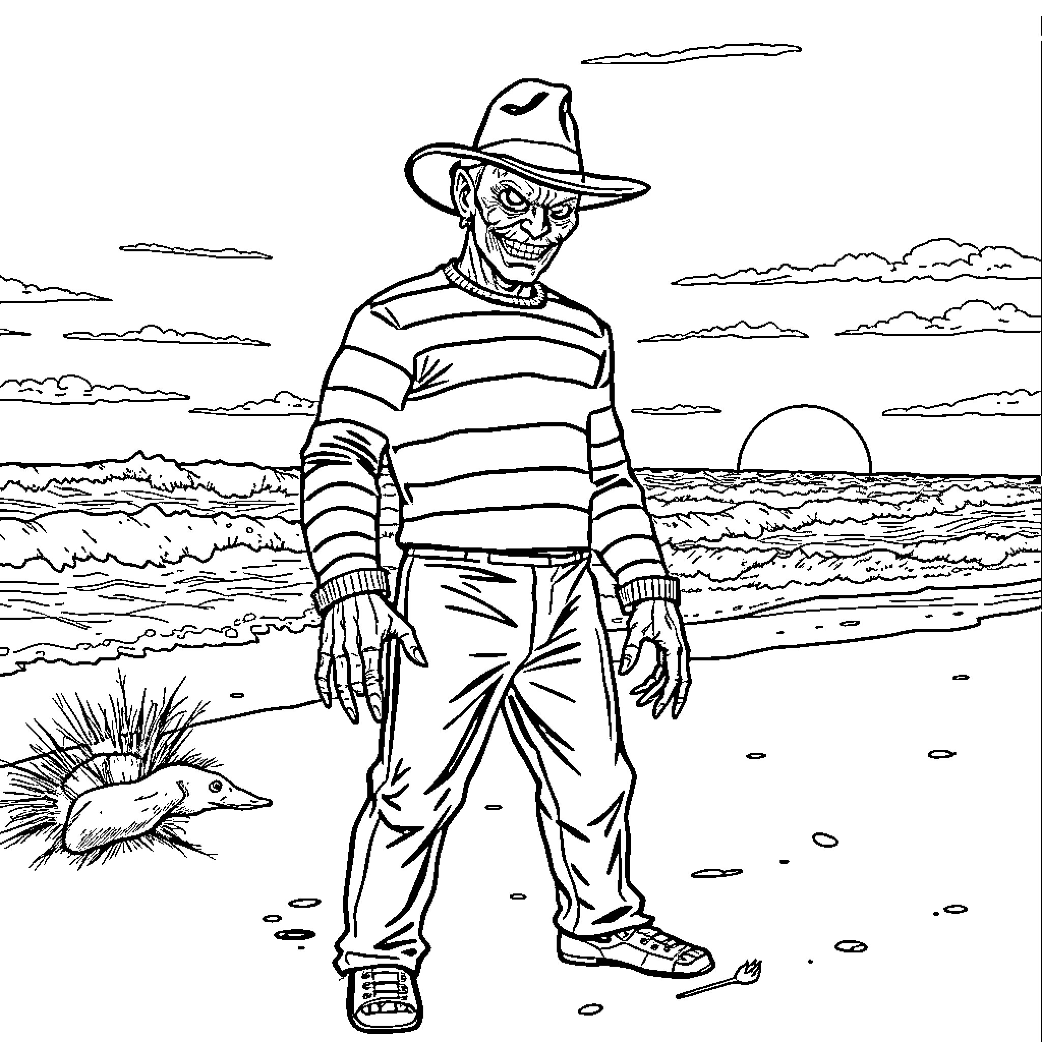 Freddy Krueger's Sinister Stroll on the Beach Coloring Page (free black-and-white line drawing printable PDF for all, from beginners to advanced learners, including children, teens, adults, and seniors)