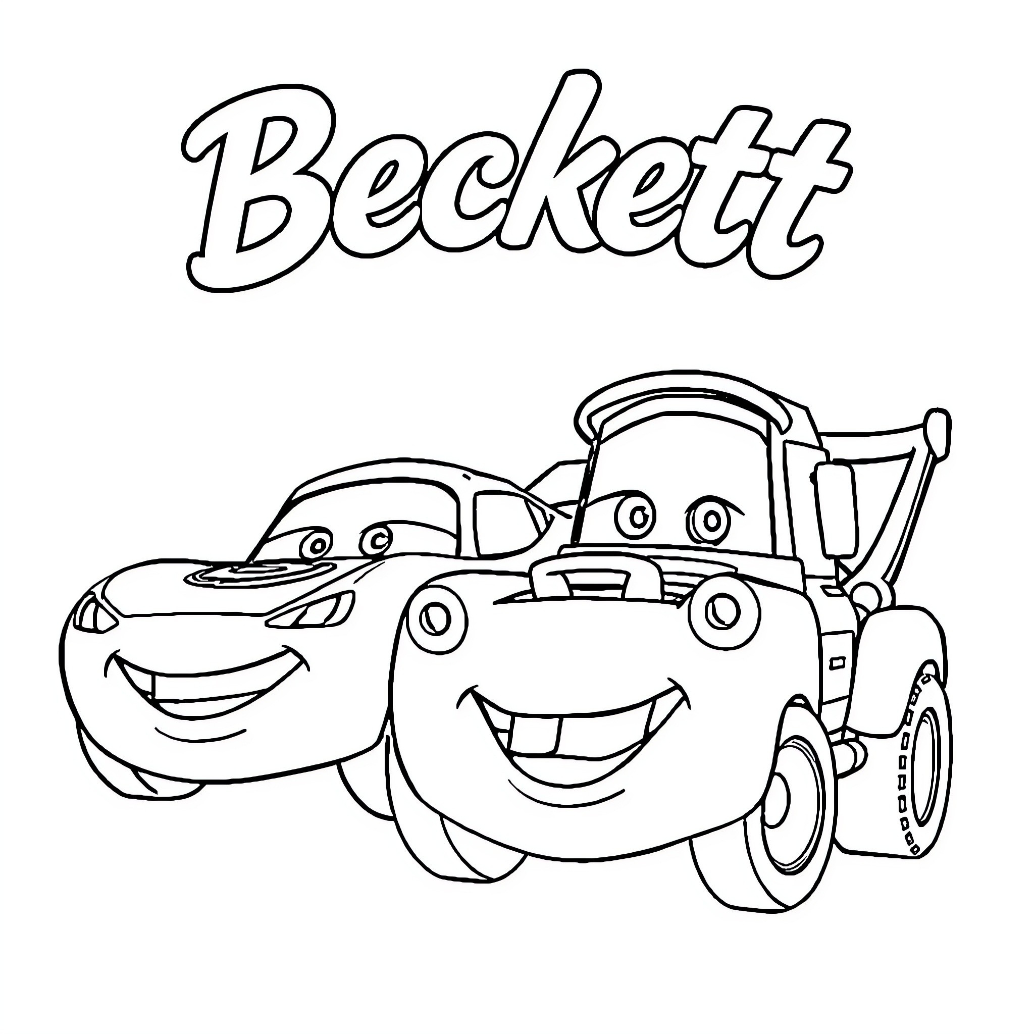 Lightning McQueen and Beckett in Playful Antics Coloring Page (free black-and-white line drawing printable PDF for all, from beginners to advanced learners, including children, teens, adults, and seniors)