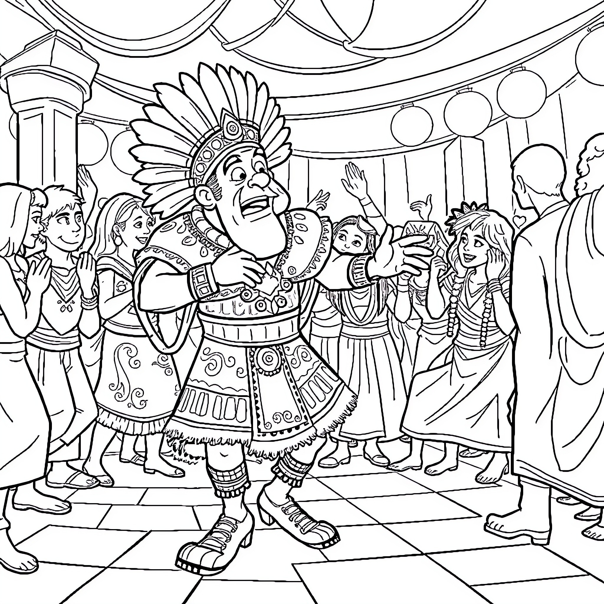 Emperor Kuzco's celebratory dance with his subjects Coloring Page (free black-and-white line drawing printable PDF for all, from beginners to advanced learners, including children, teens, adults, and seniors)