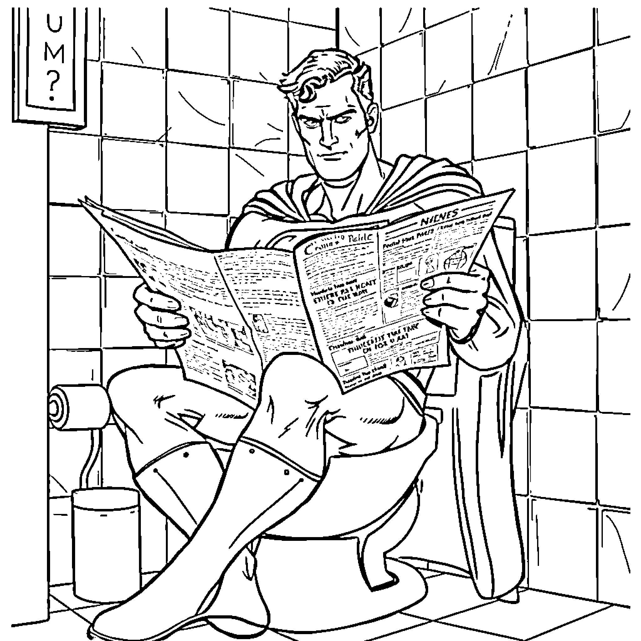 Superman reading the newspaper in a dimly lit room Coloring Page (free black-and-white line drawing printable PDF for all, from beginners to advanced learners, including children, teens, adults, and seniors)