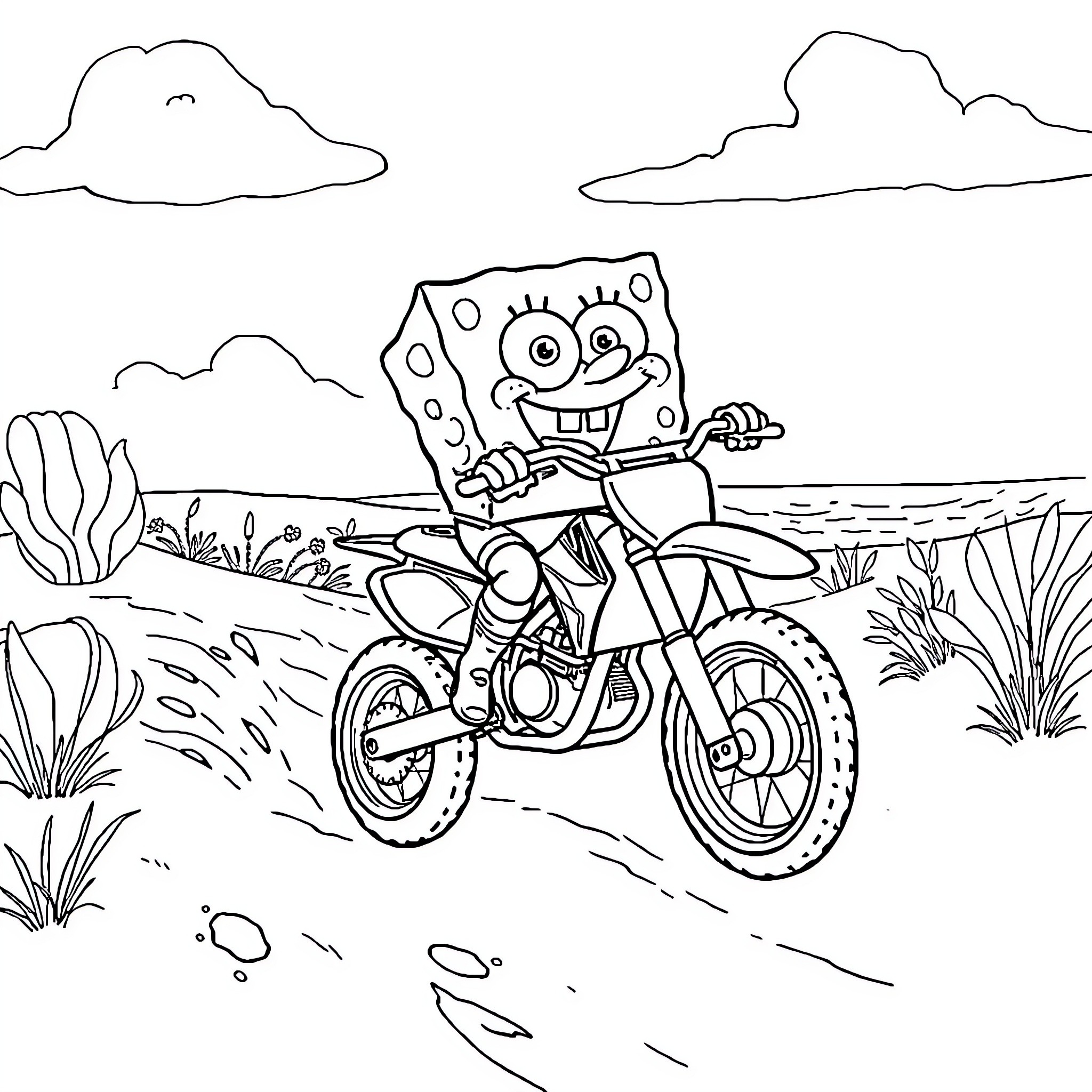 Spongebob riding a dirt bike in the countryside Coloring Page (free black-and-white line drawing printable PDF for all, from beginners to advanced learners, including children, teens, adults, and seniors)