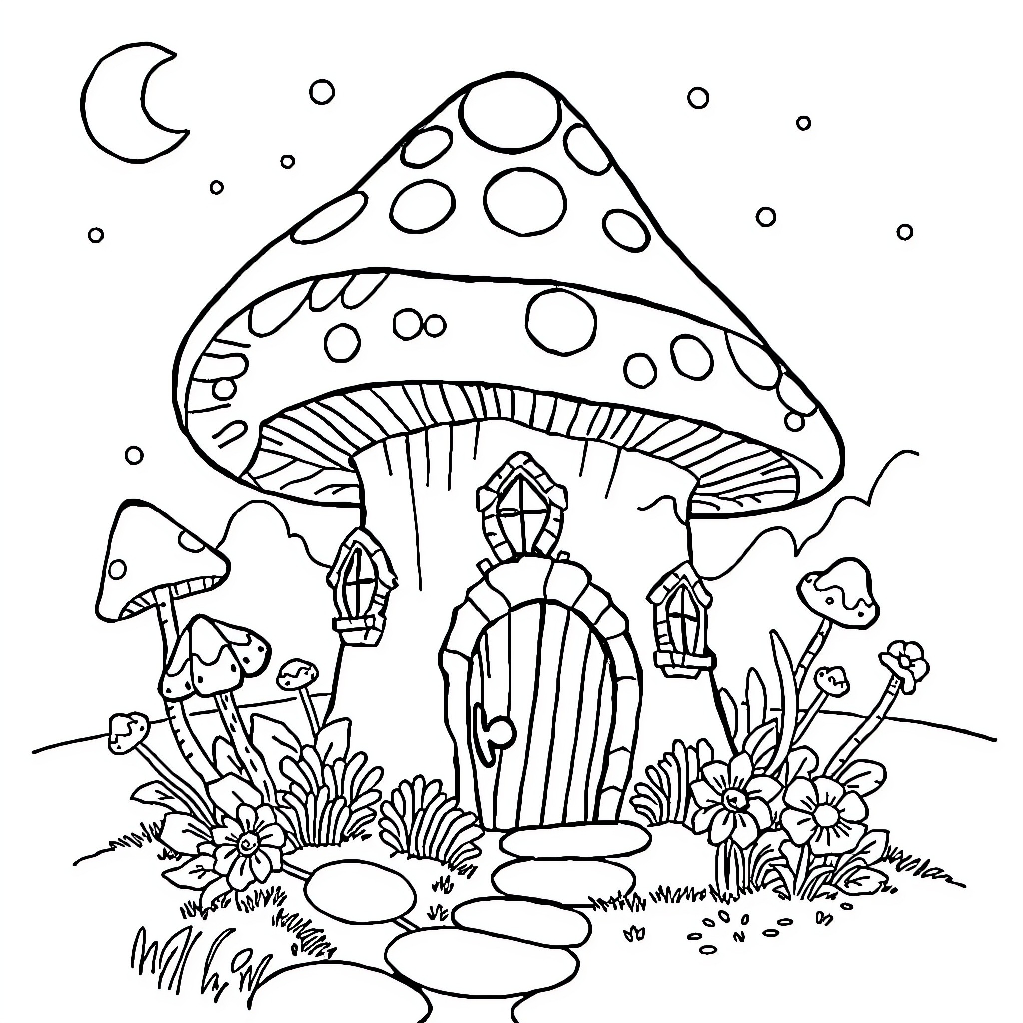 Mushroom house with magical crystals in a floral forest Coloring Page (free black-and-white line drawing printable PDF for all, from beginners to advanced learners, including children, teens, adults, and seniors)