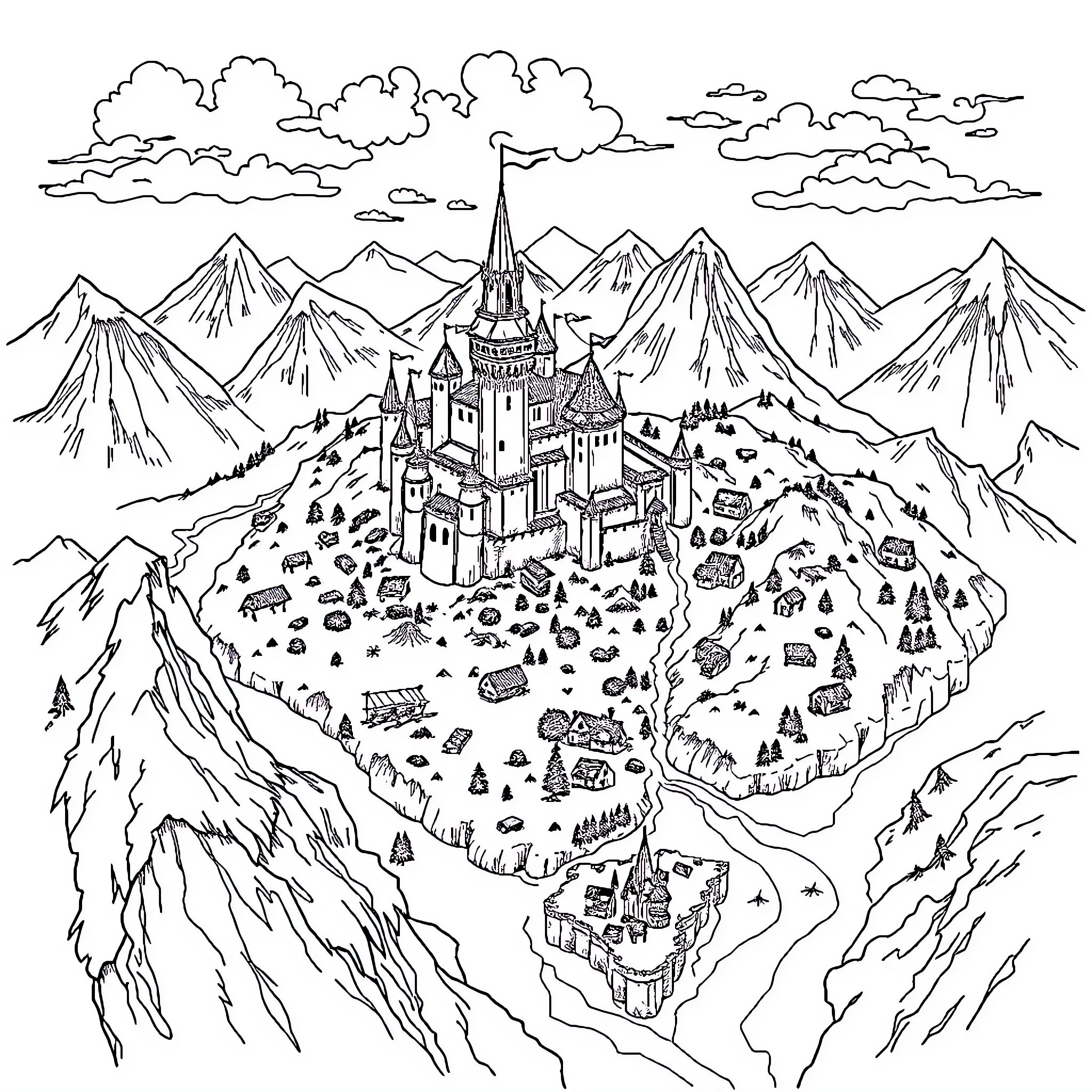 Map of a Fantastical Castle Nestled in the Mountains Coloring Page (free black-and-white line drawing printable PDF for all, from beginners to advanced learners, including children, teens, adults, and seniors)