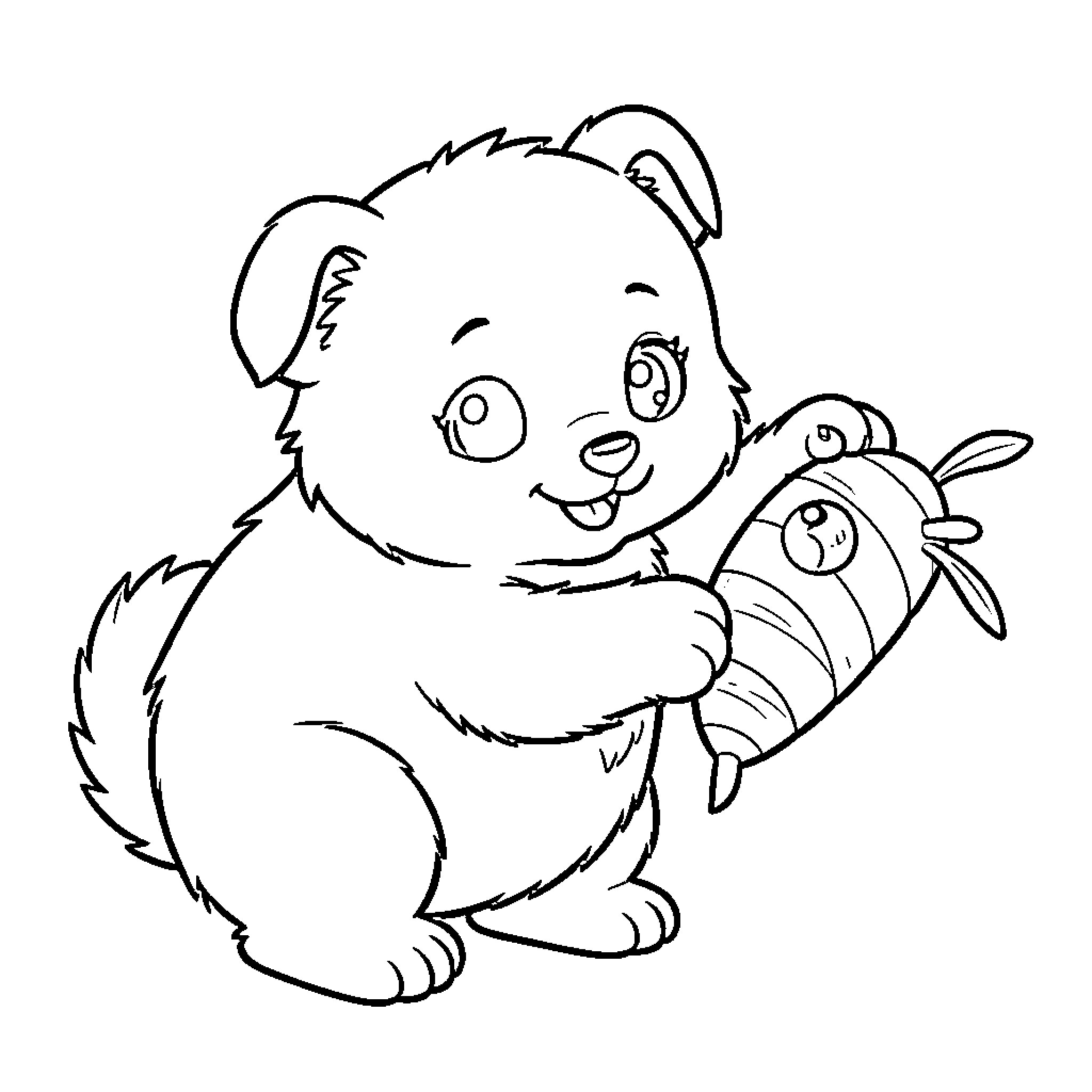 Pandy the Playful Panda with Fish Toy Coloring Page (free black-and-white line drawing printable PDF for all, from beginners to advanced learners, including children, teens, adults, and seniors)