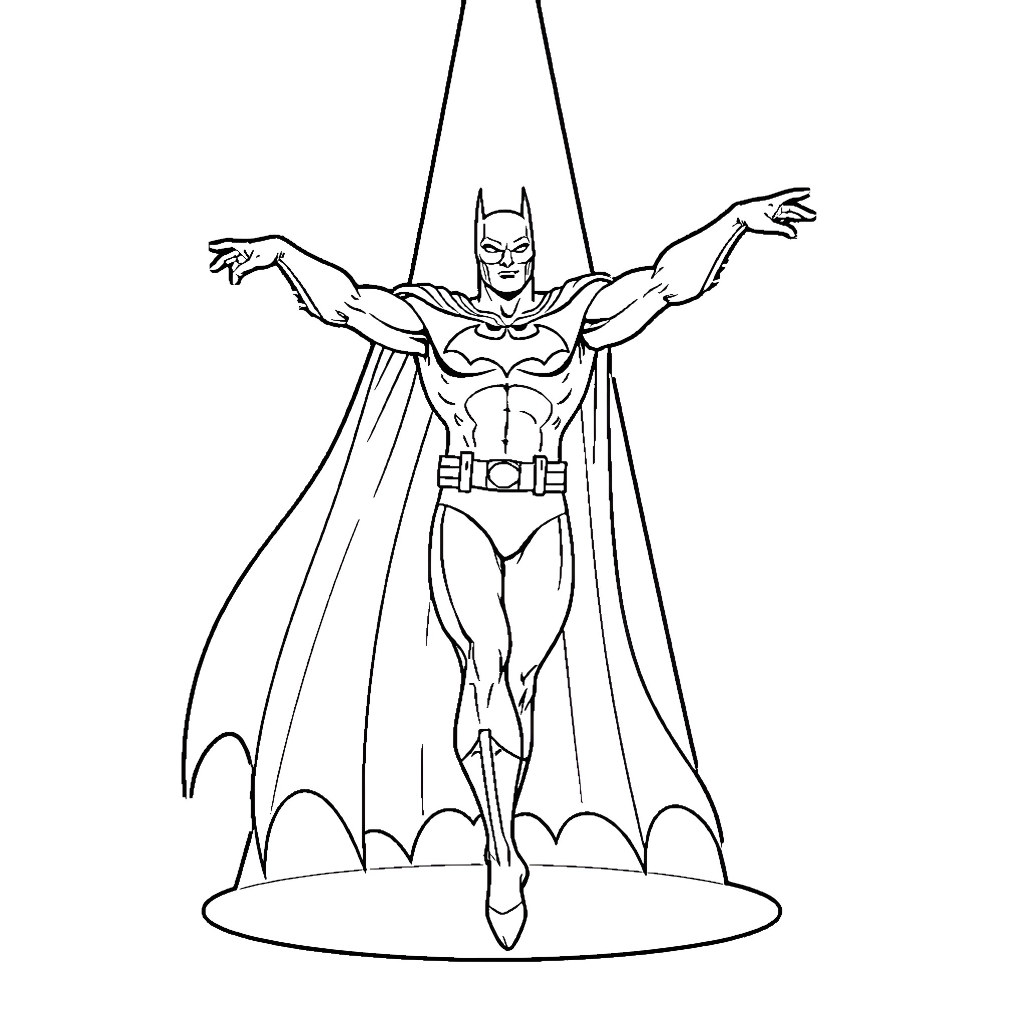 Batman heroically posing with outstretched arms Coloring Page (free black-and-white line drawing printable PDF for all, from beginners to advanced learners, including children, teens, adults, and seniors)