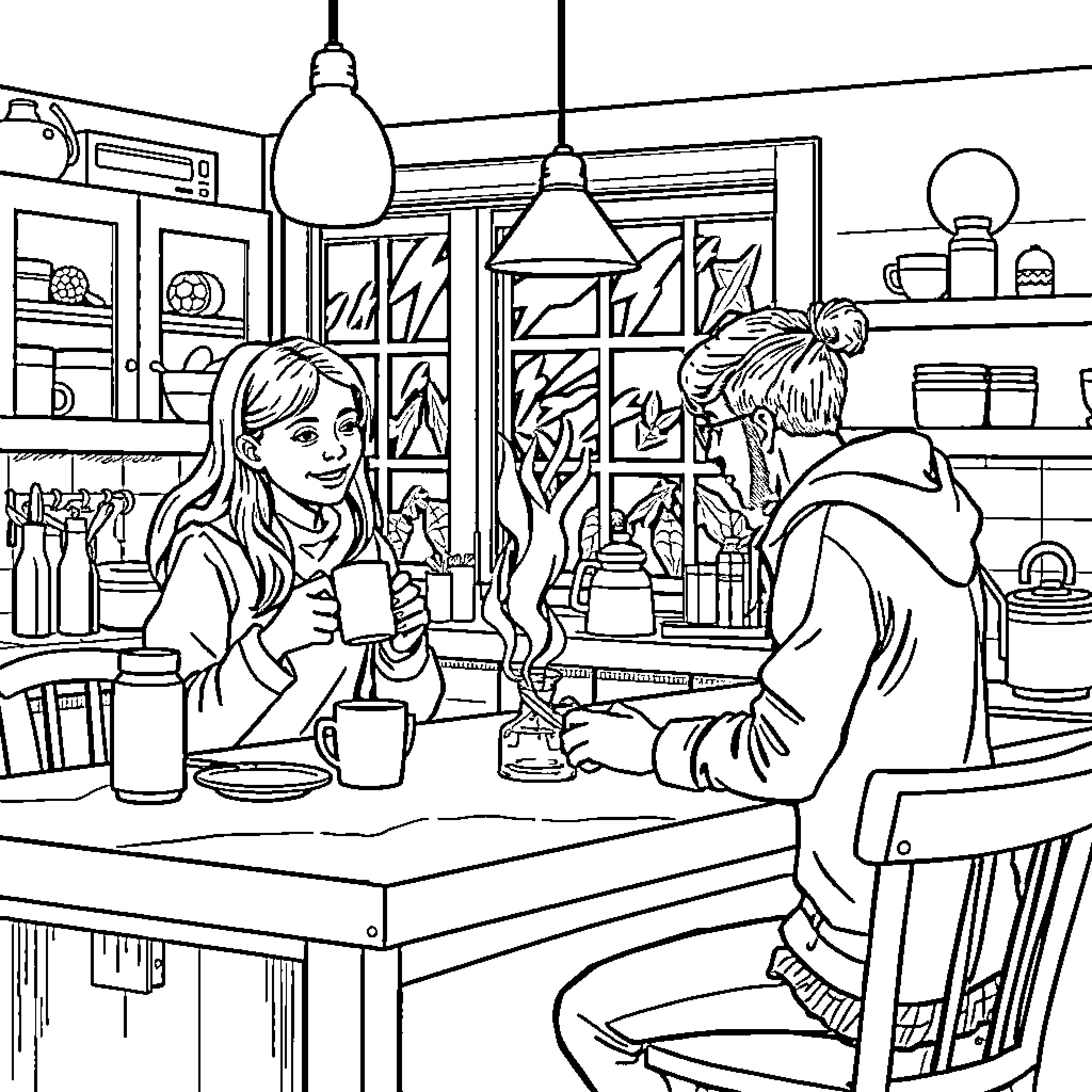 Student enjoying a cozy cafe scene with others Coloring Page (free black-and-white line drawing printable PDF for all, from beginners to advanced learners, including children, teens, adults, and seniors)