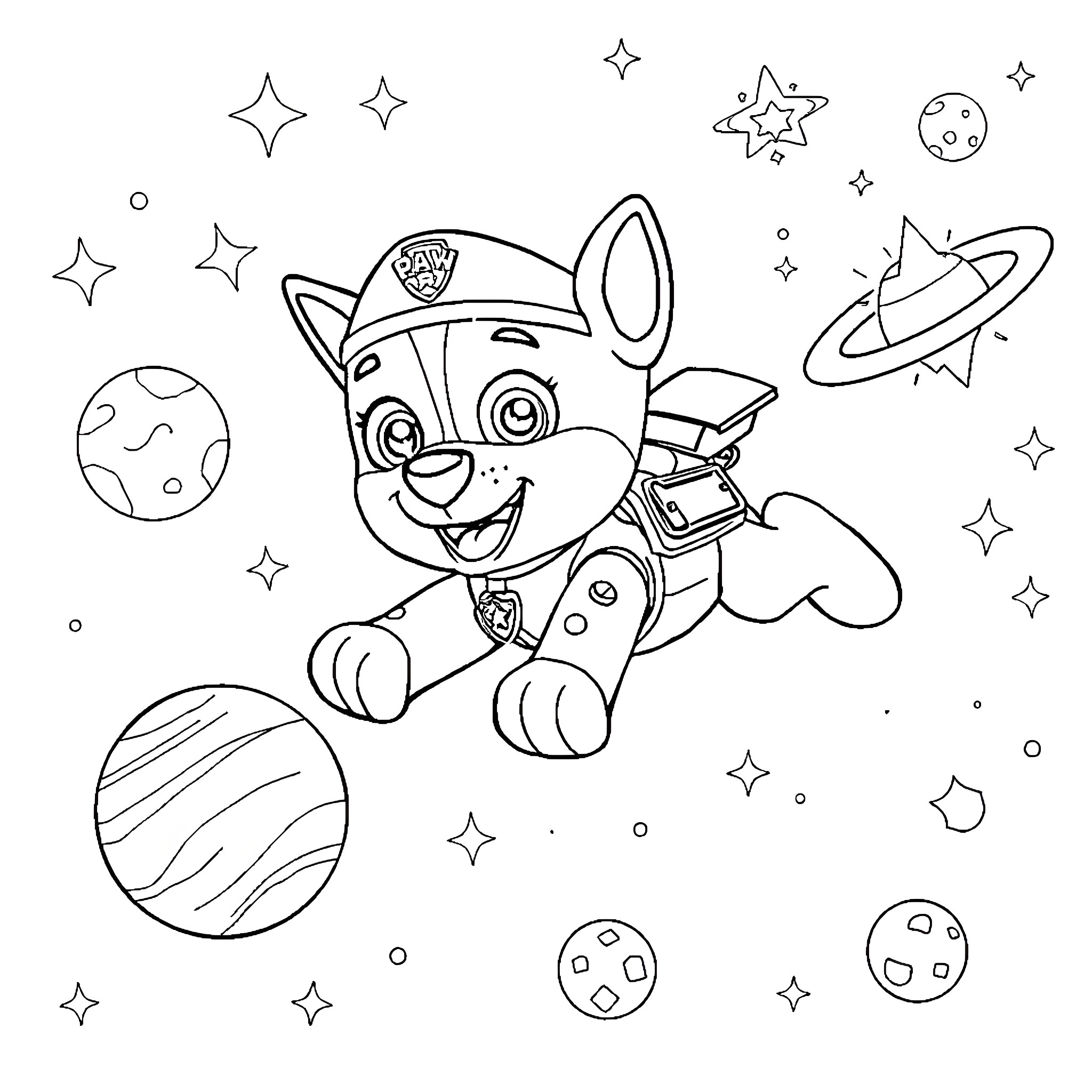 Marshall's Cosmic Adventure in Space Coloring Page (free black-and-white line drawing printable PDF for all, from beginners to advanced learners, including children, teens, adults, and seniors)