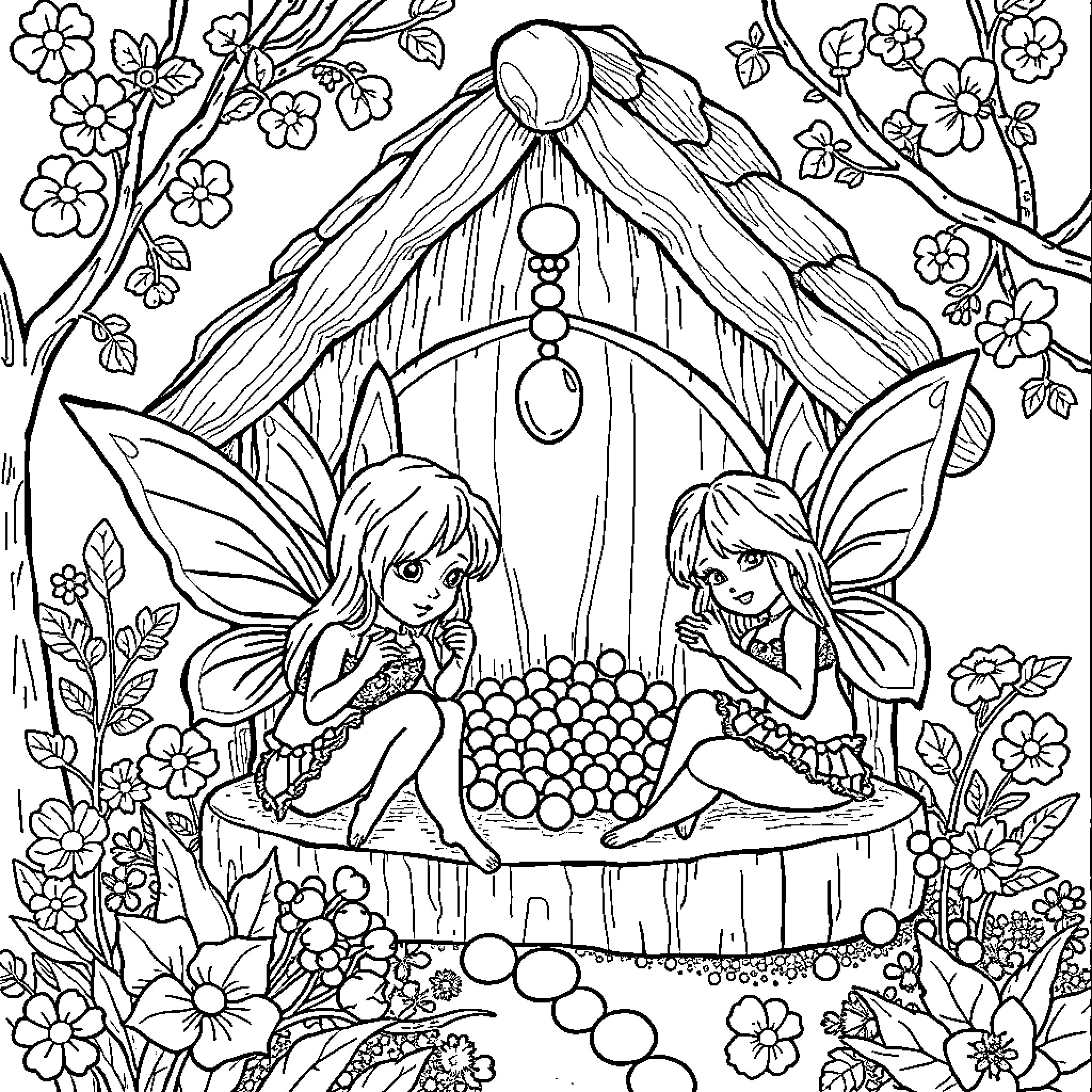 Fairy Creatures Relaxing in Enchanted Garden Coloring Page (free black-and-white line drawing printable PDF for all, from beginners to advanced learners, including children, teens, adults, and seniors)