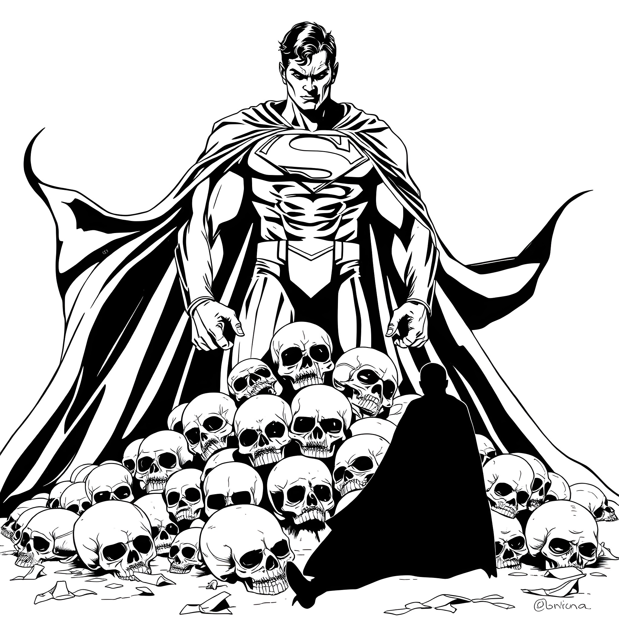 Superman Stands Heroically Among Skulls Coloring Page (free black-and-white line drawing printable PDF for all, from beginners to advanced learners, including children, teens, adults, and seniors)