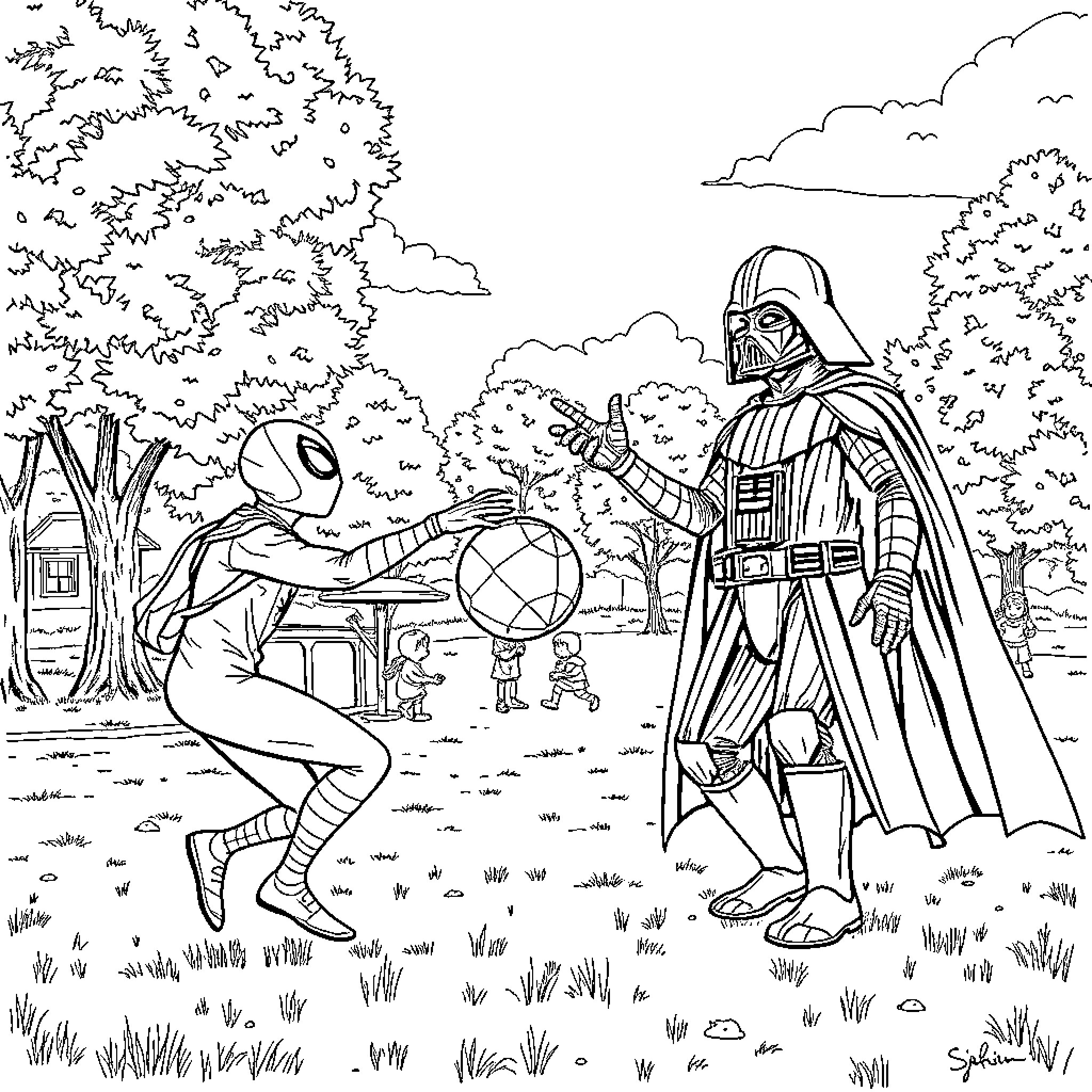 Spiderman and Darth Vader in outdoor adventure Coloring Page (free black-and-white line drawing printable PDF for all, from beginners to advanced learners, including children, teens, adults, and seniors)