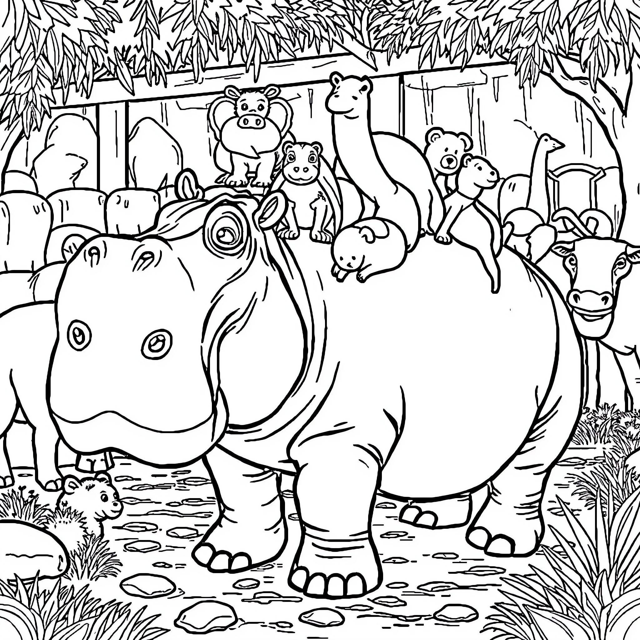 Hippopotamus and other animals in the wild Coloring Page (free black-and-white line drawing printable PDF for all, from beginners to advanced learners, including children, teens, adults, and seniors)