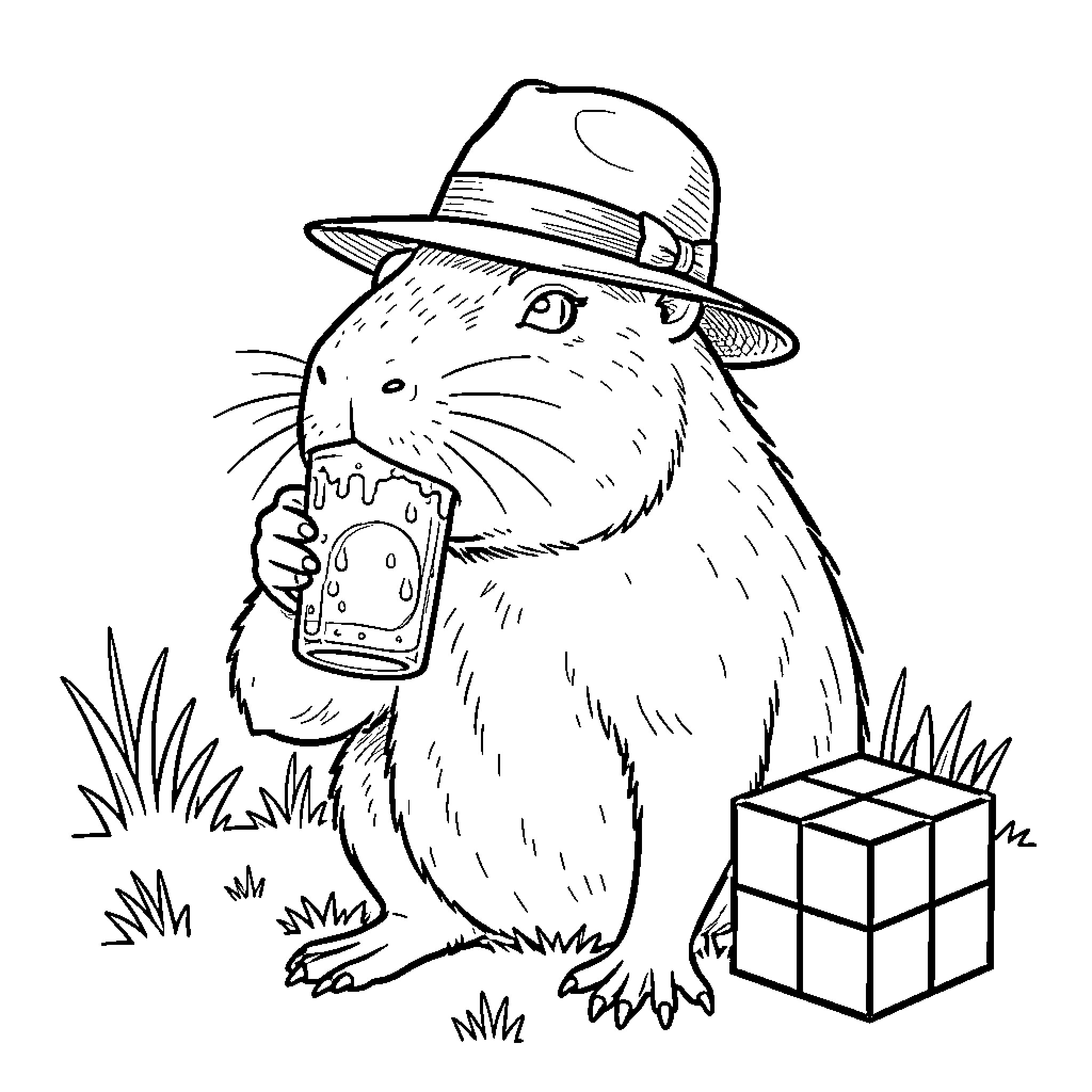 Capybara wearing a hat and drinking from a mug Coloring Page (free black-and-white line drawing printable PDF for all, from beginners to advanced learners, including children, teens, adults, and seniors)