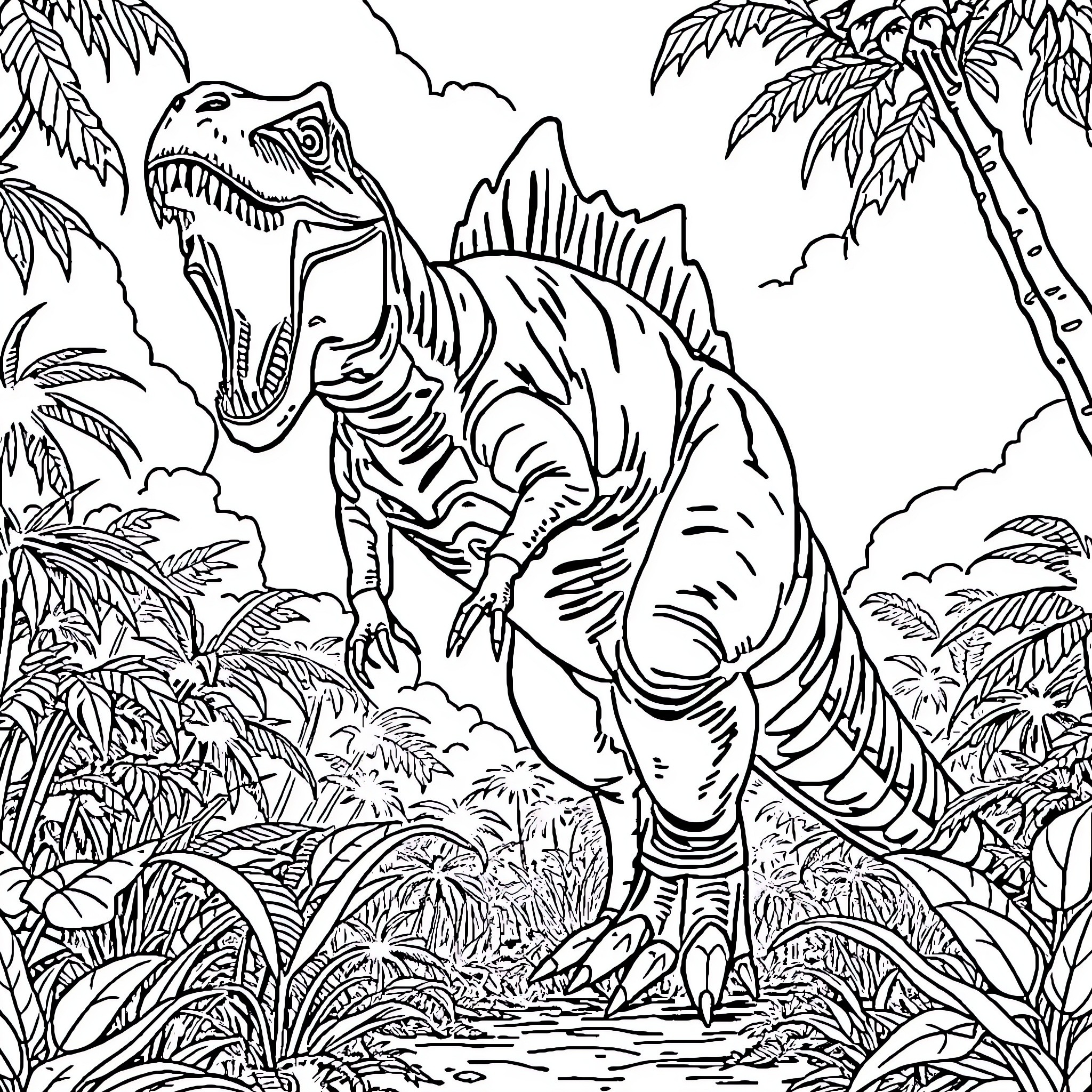 Gigantosaurus roaring in prehistoric jungle Coloring Page (free black-and-white line drawing printable PDF for all, from beginners to advanced learners, including children, teens, adults, and seniors)