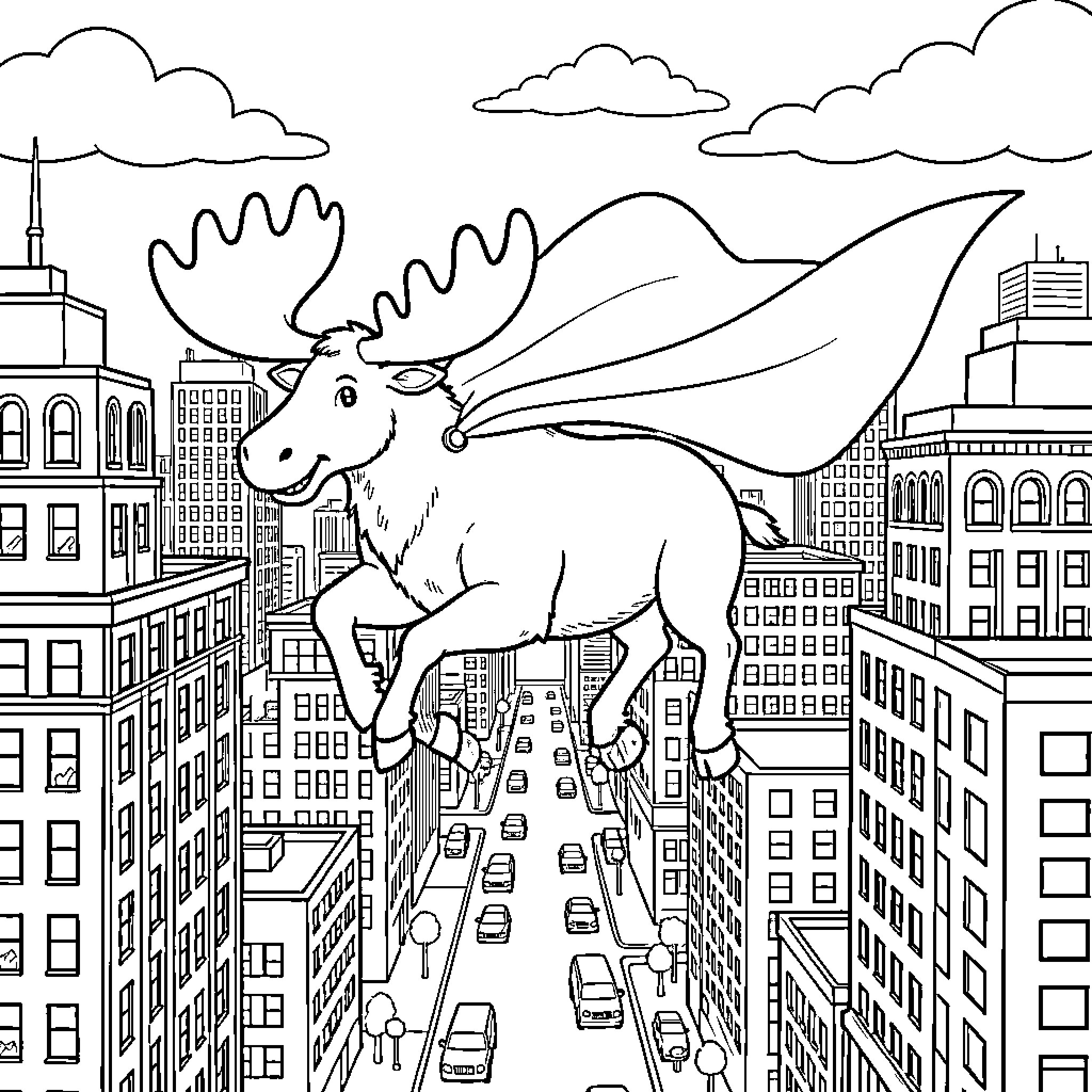 Flying Moose Soaring Above the Cityscape Coloring Page (free black-and-white line drawing printable PDF for all, from beginners to advanced learners, including children, teens, adults, and seniors)