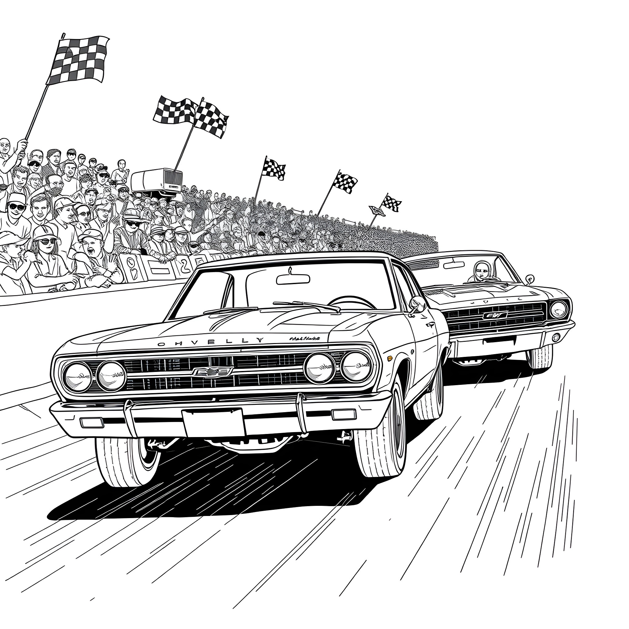 Chevrolet race cars speeding through the track Coloring Page (free black-and-white line drawing printable PDF for all, from beginners to advanced learners, including children, teens, adults, and seniors)