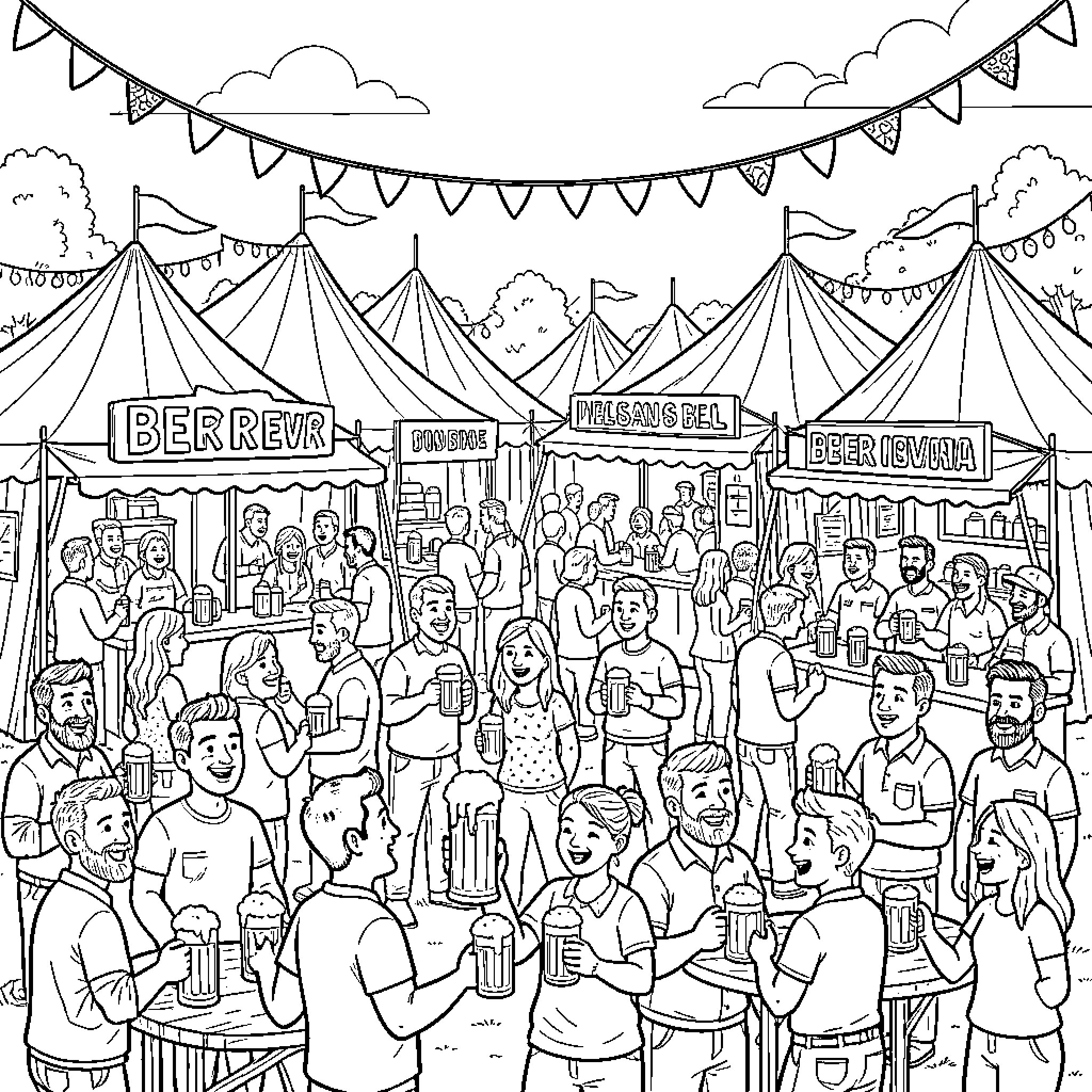 Beerfest with people cheering and raising mugs together Coloring Page (free black-and-white line drawing printable PDF for all, from beginners to advanced learners, including children, teens, adults, and seniors)