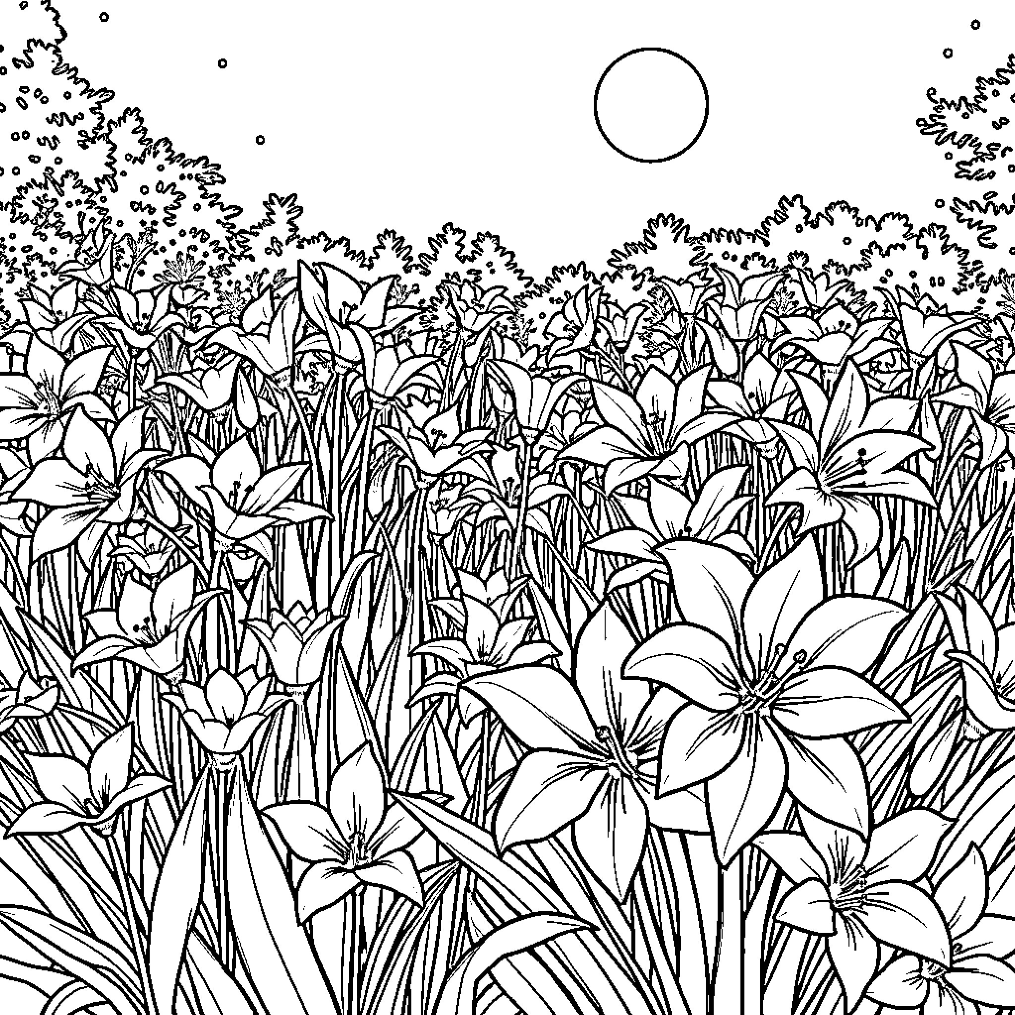 Flower garden with detailed floral illustrations Coloring Page (free black-and-white line drawing printable PDF for all, from beginners to advanced learners, including children, teens, adults, and seniors)